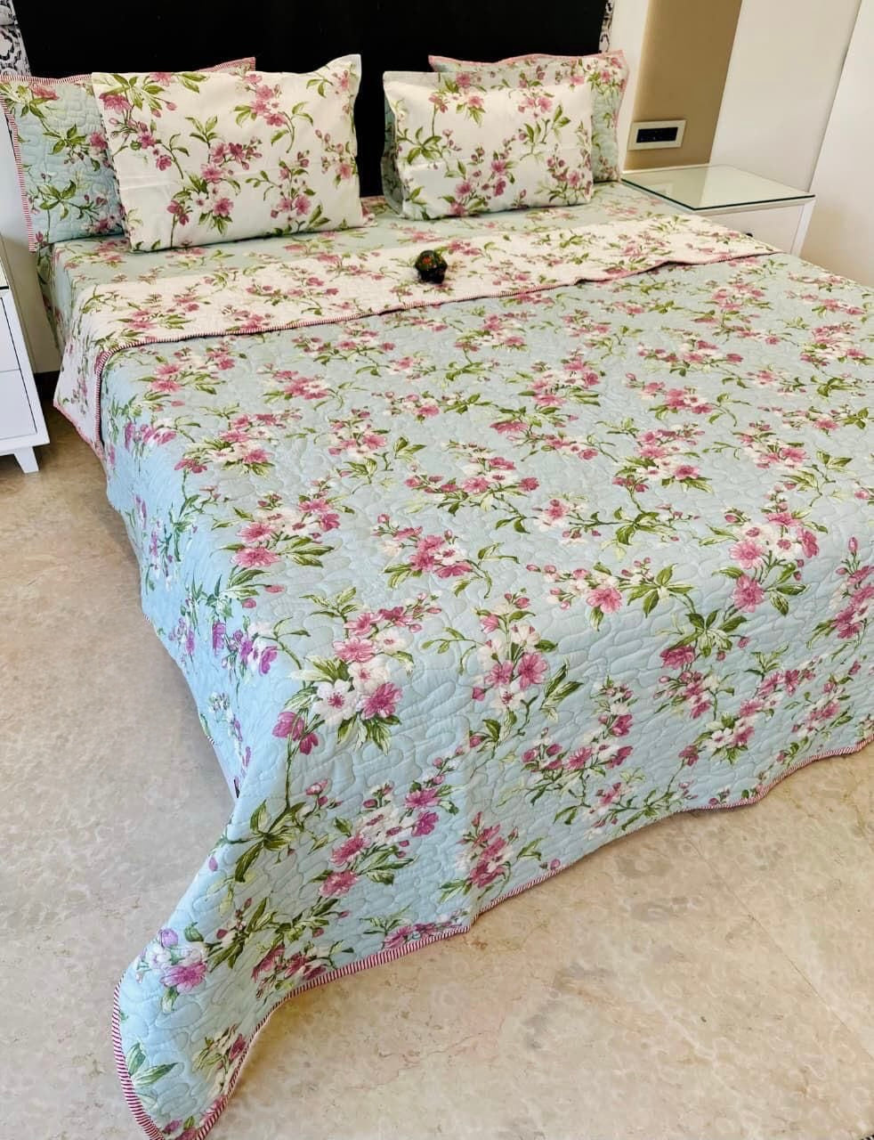 Pure cotton paani jaal quilted printed double bedcovers (90x108 inches)