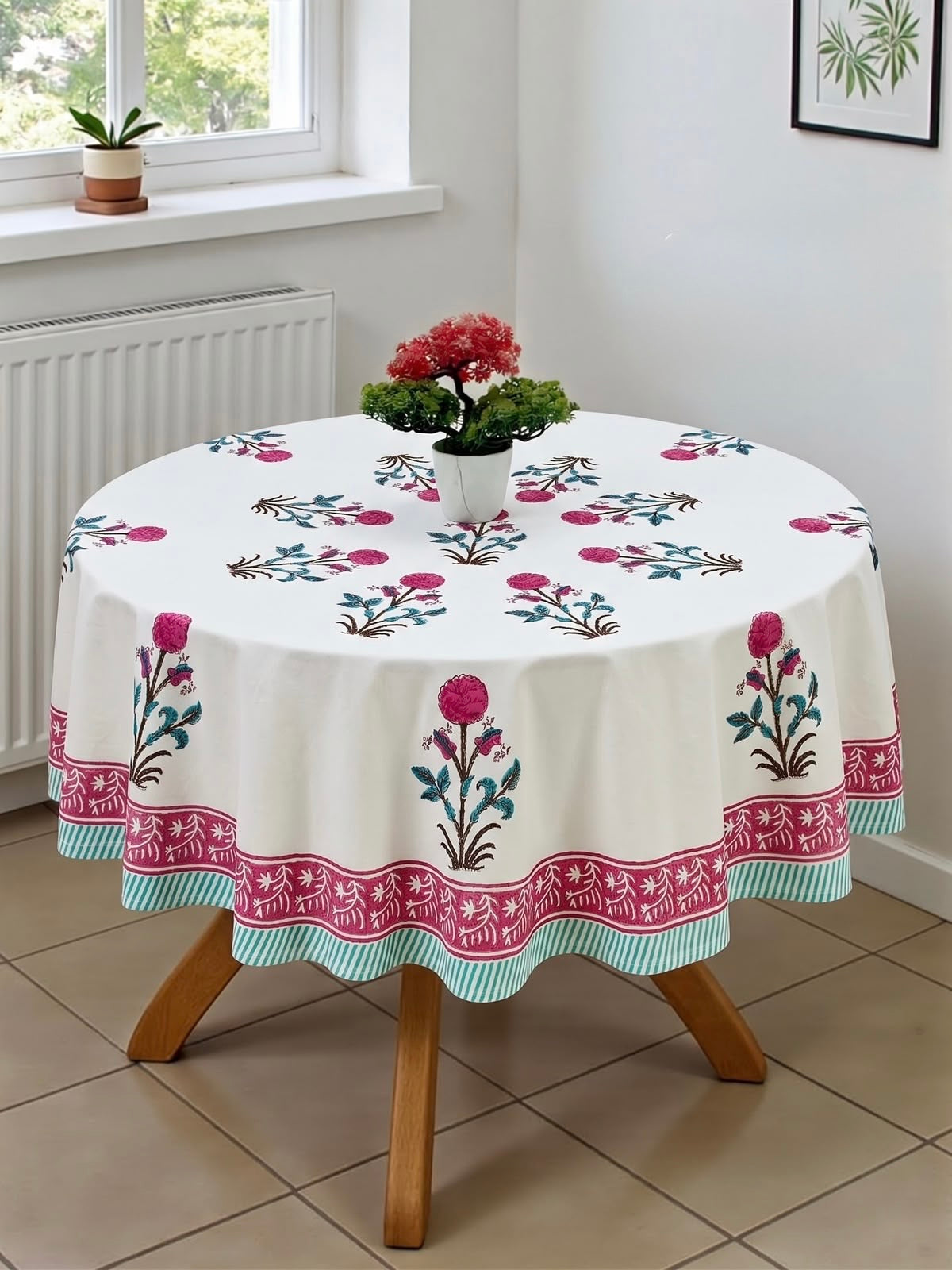 Pure cotton hand-block printed table cover for 4 seater dining table / centre table (60 inches diameter)