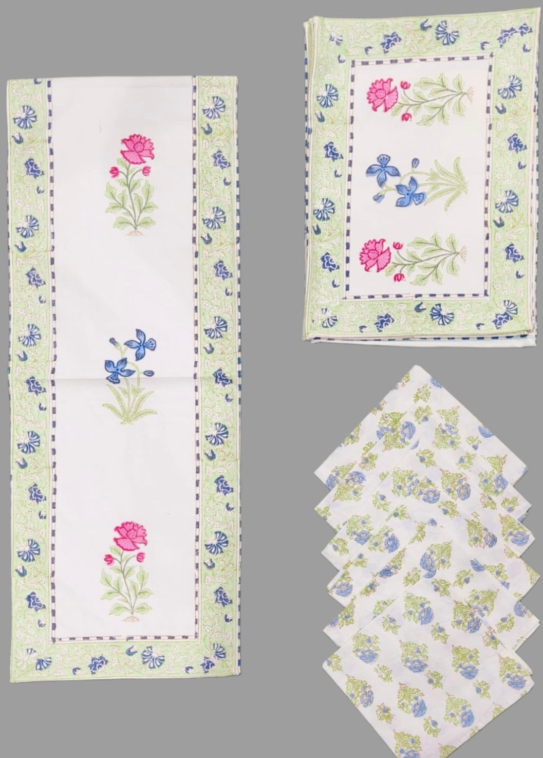 Pure cotton hand block printed placemats, runner and napkin combo for 6 seater dining table