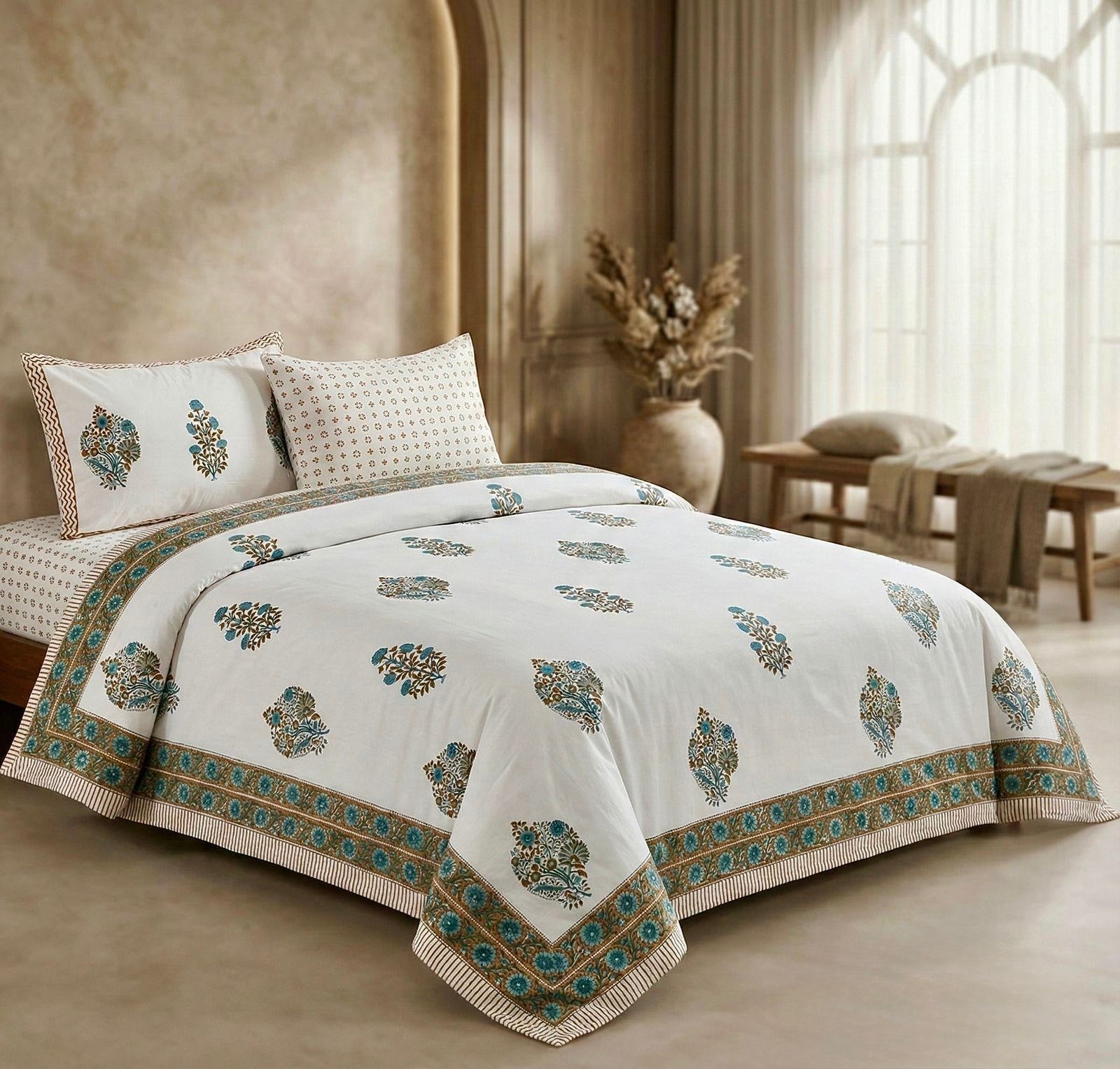 Pure cotton hand-block printed super king size double bedsheets with 2 pillow covers (108x108 inches)