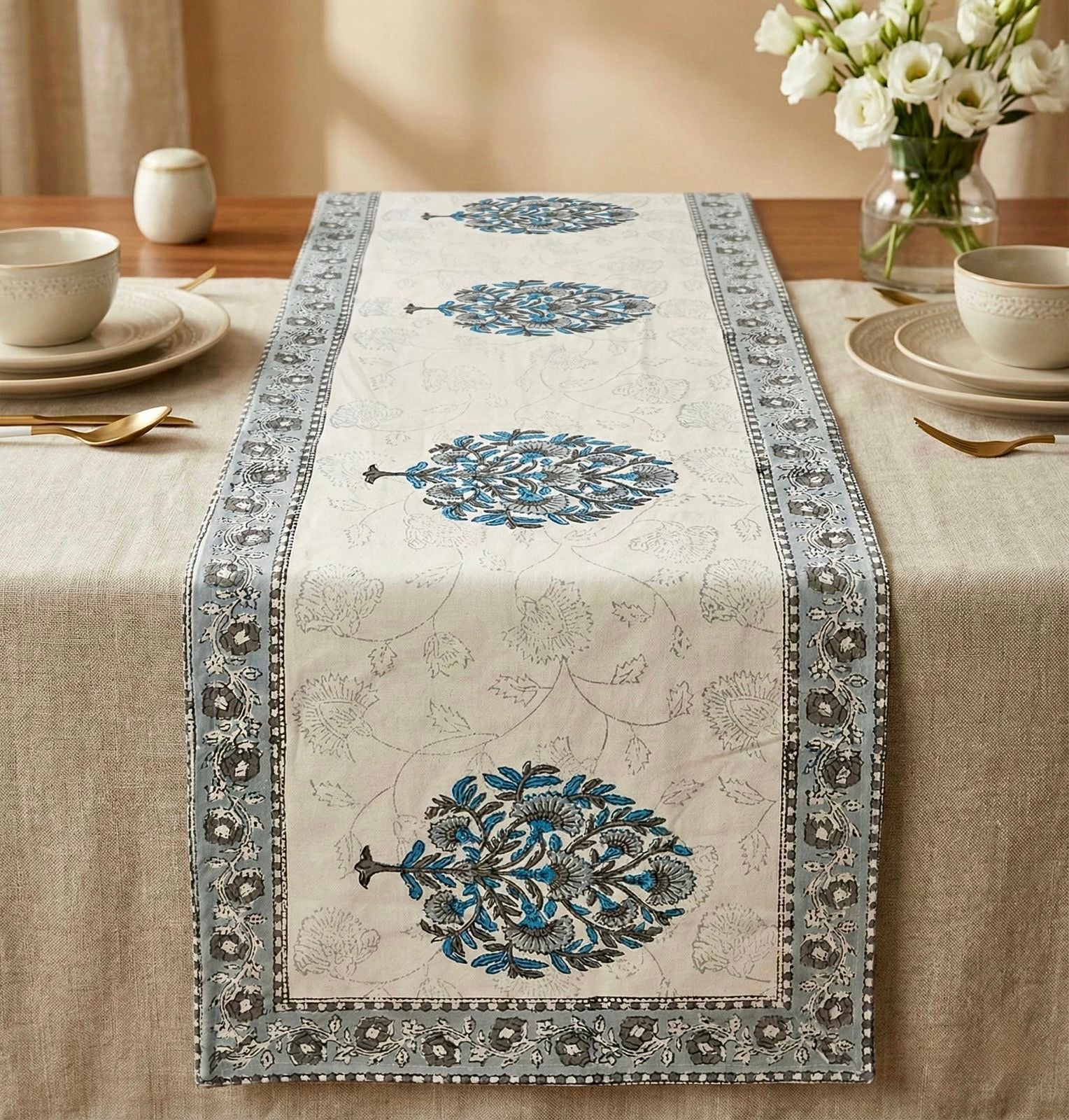 Pure canvas cotton handblock printed runners for 4 and 6 seater dining tables