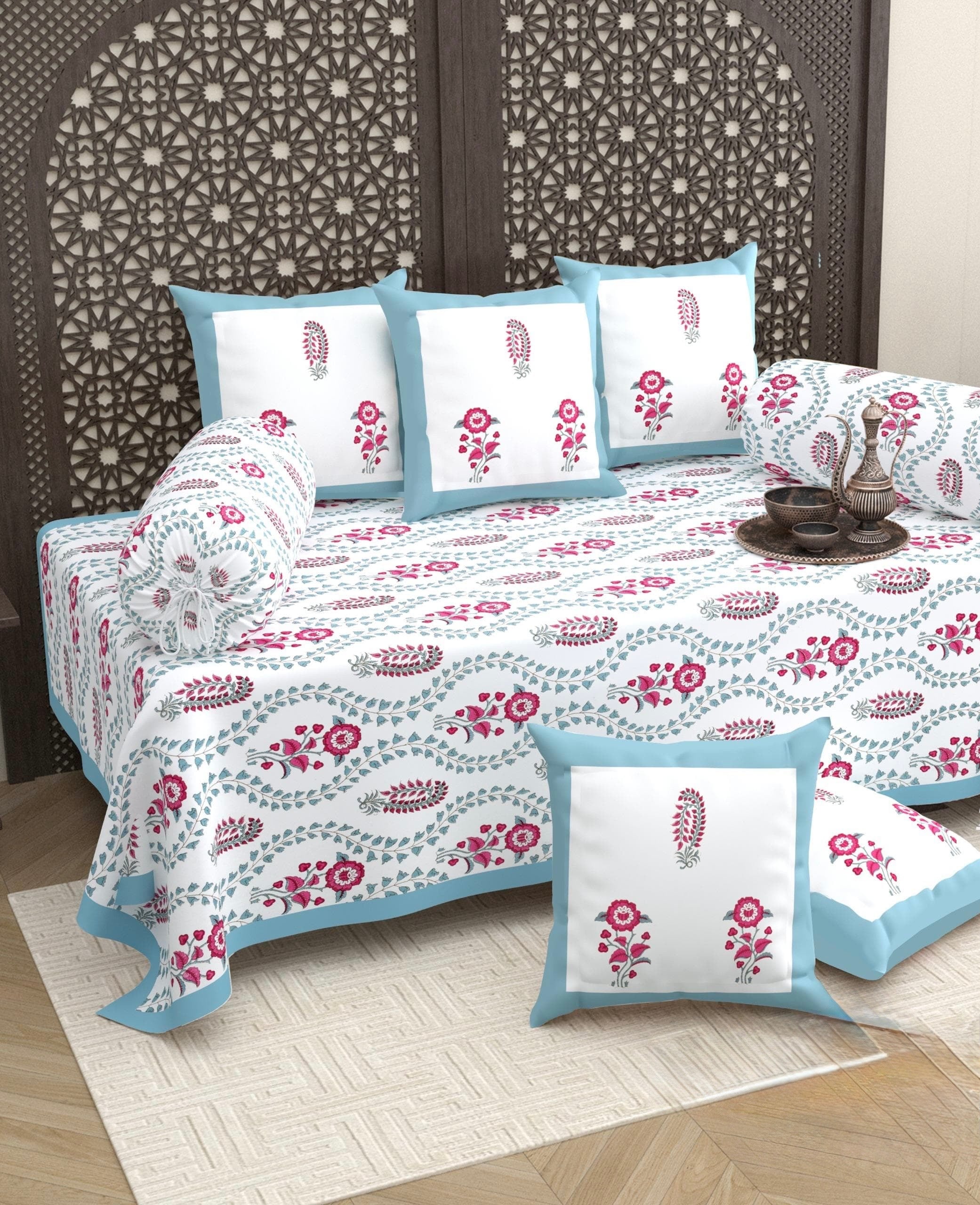 Pure cotton hand block printed 8 piece traditional diwan set (70x100 inches)