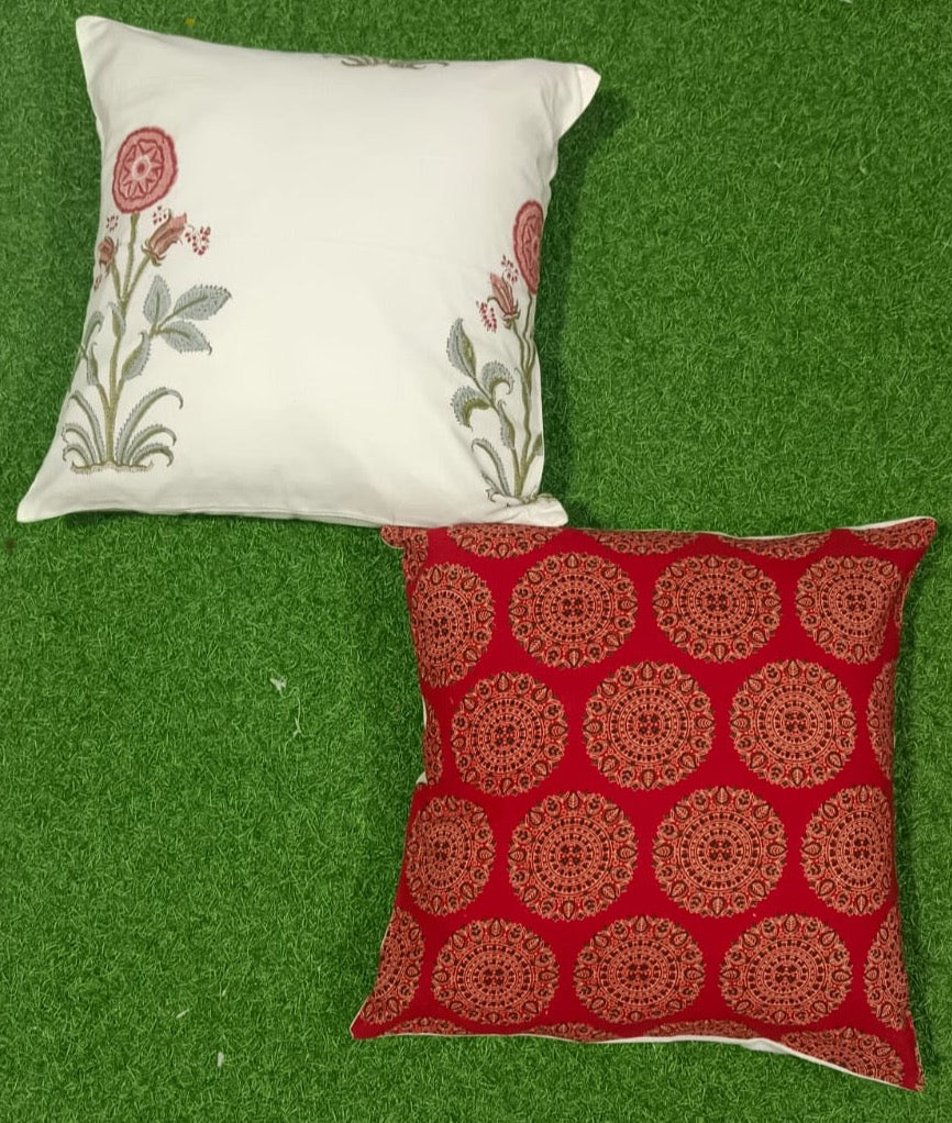 Pure cotton handblock printed set of 2 assorted cushion covers (16x16 inches)