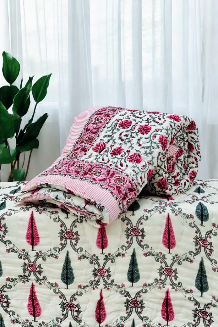 Pure mulmul cotton handblock printed single reversible quilt (razai 60x90 inches)