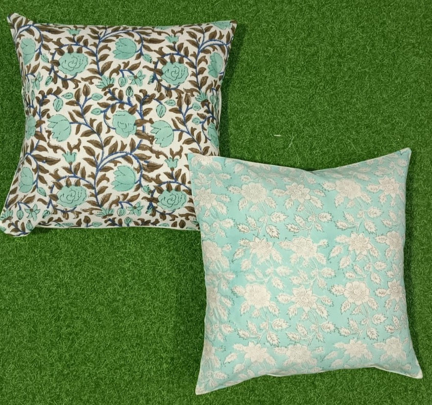 Pure cotton handblock printed set of 2 assorted cushion covers (16x16 inches)