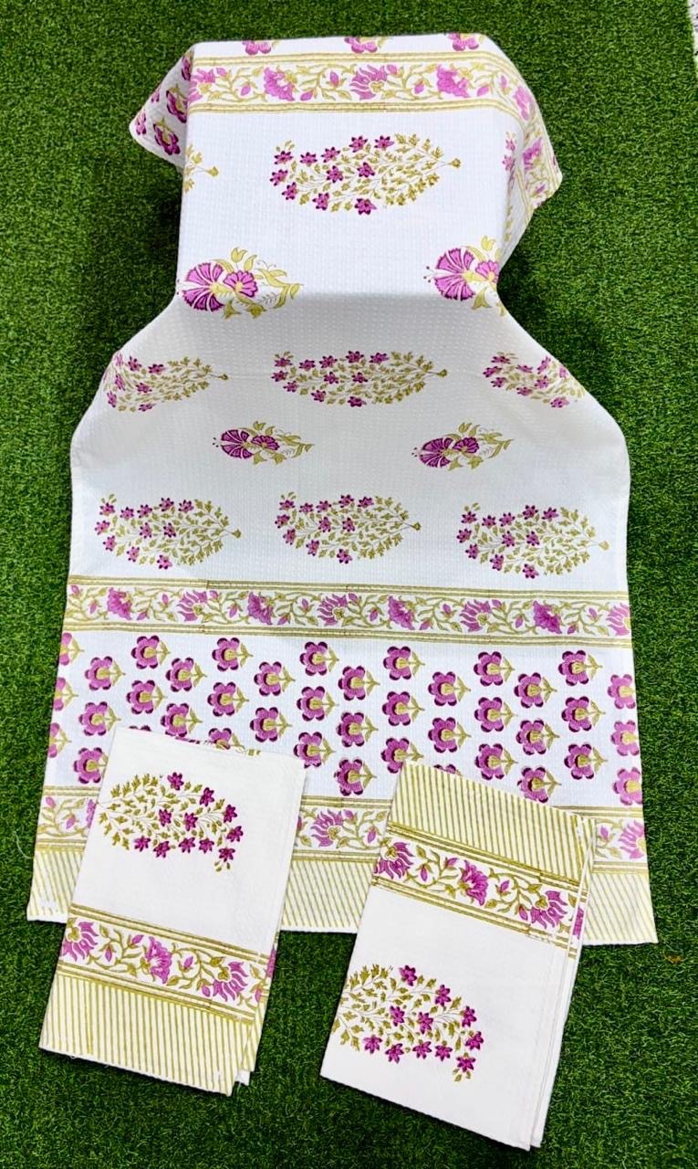 Pure cotton waffled textured hand-block printed bath combos (1 bath and 2 hand towels)