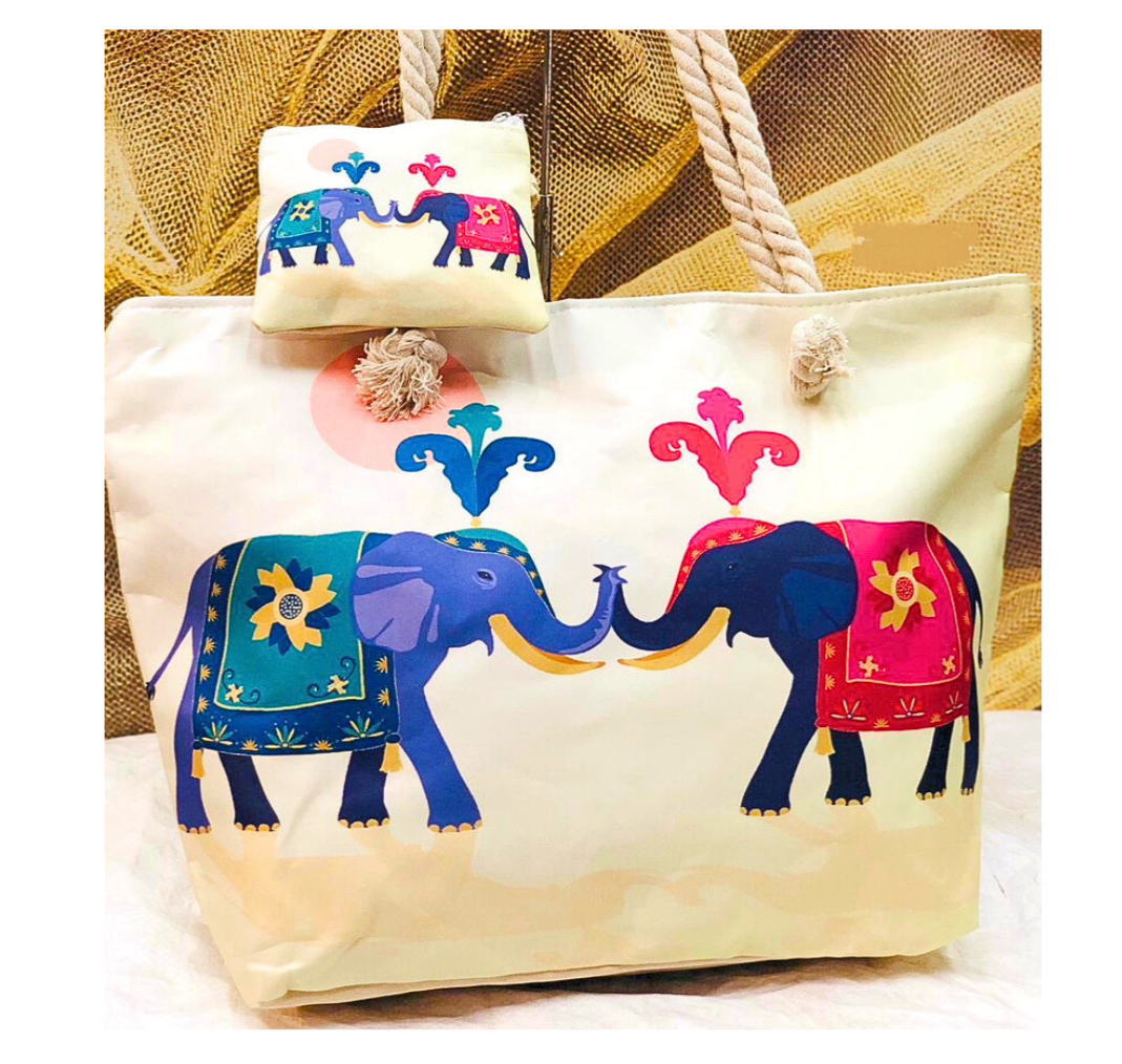 Jute cotton printed elephant tote bag (16x16 inches)