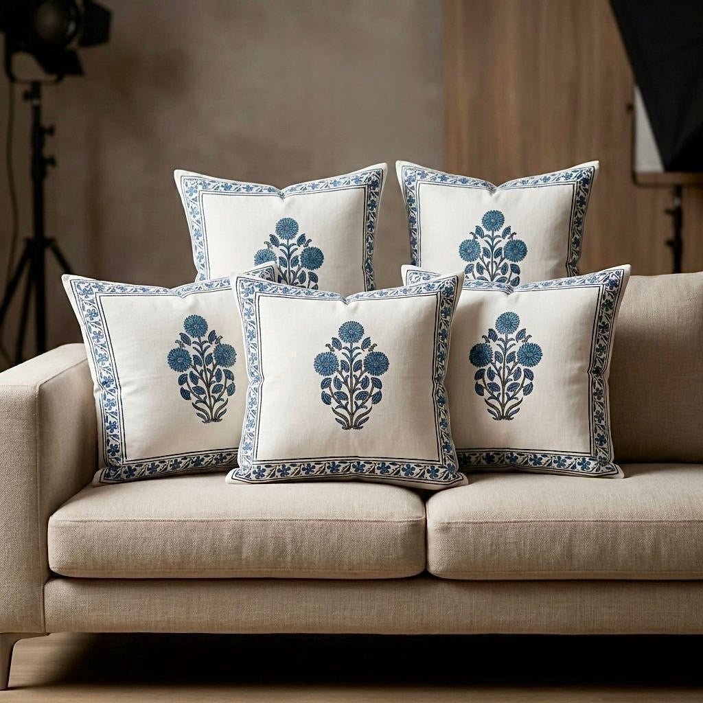 Pure cotton hand-block printed set of 5 cushion covers (16x16 inches)