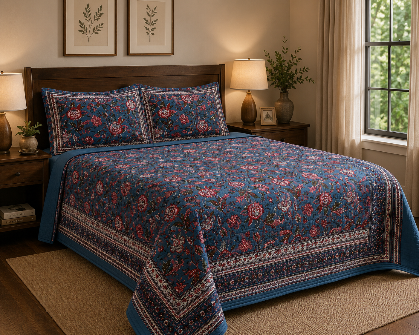 Pure cotton king size bedsheets with 2 quilted pillow covers (100x108 inches)