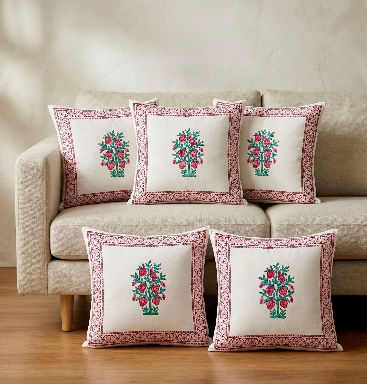 Pure cotton hand-block printed set of 5 cushion covers (16x16 inches)