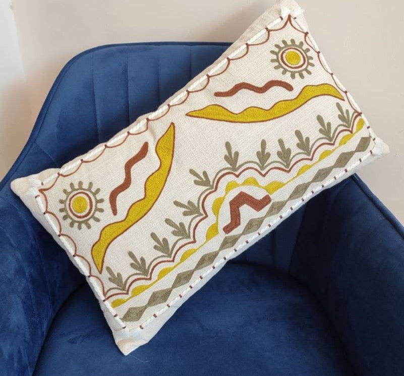 Aari embroidery and dori work rectangular cushion cover (30x50 cms)