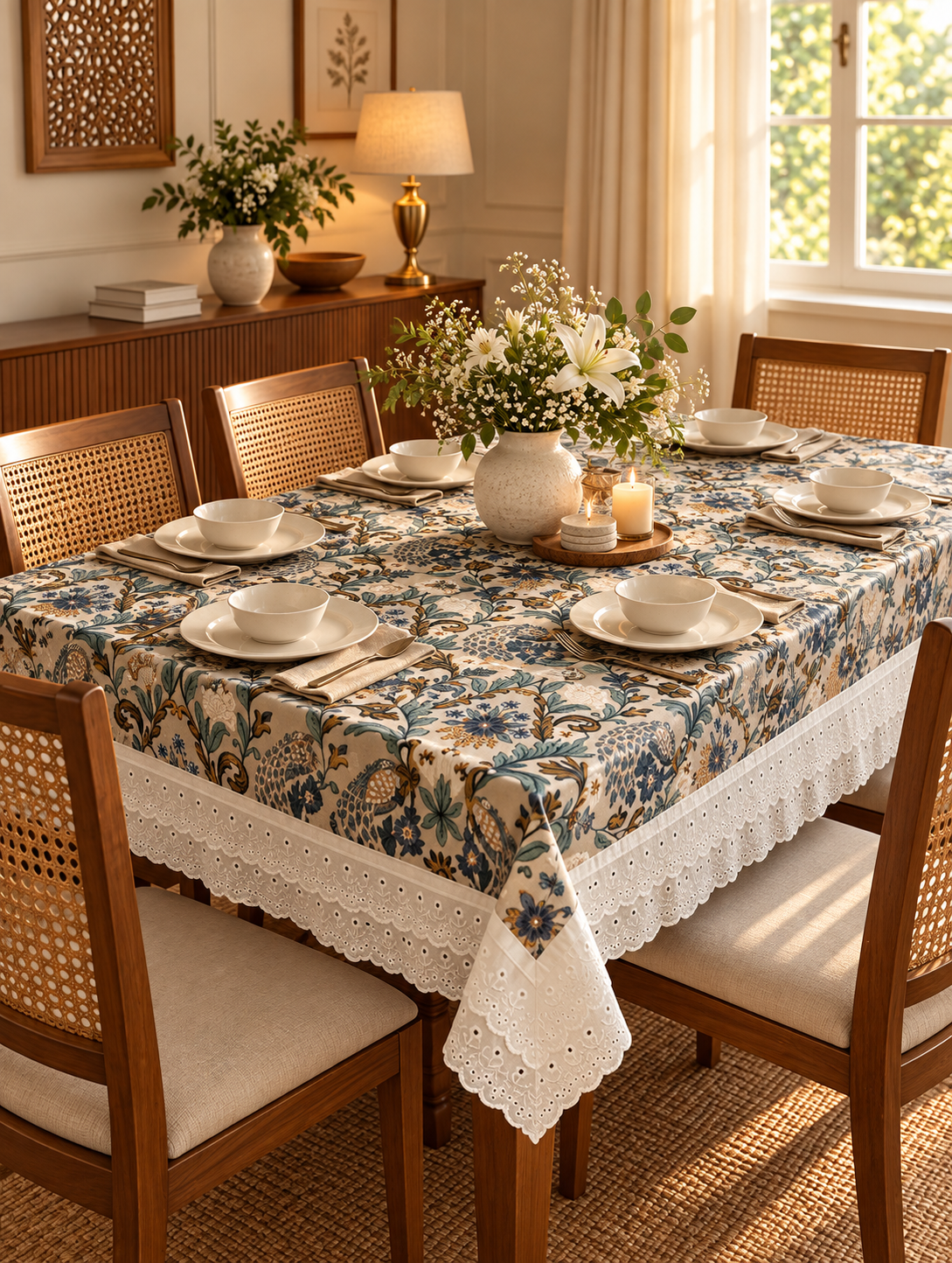 Pure cotton laced table covers for 4, 6 and 8 seater dining tables