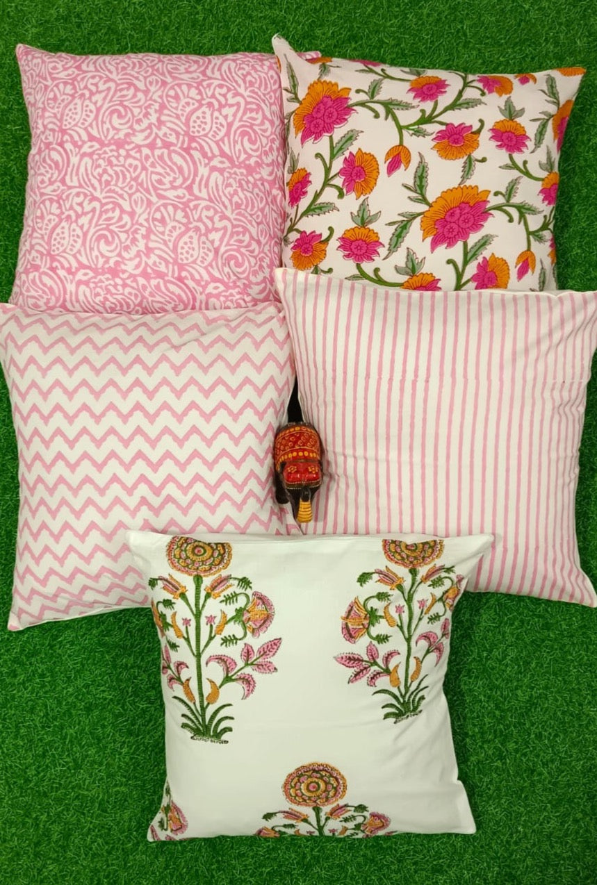 Pure cotton handblock printed set of 5 assorted cushion covers (16x16 inches) Offer