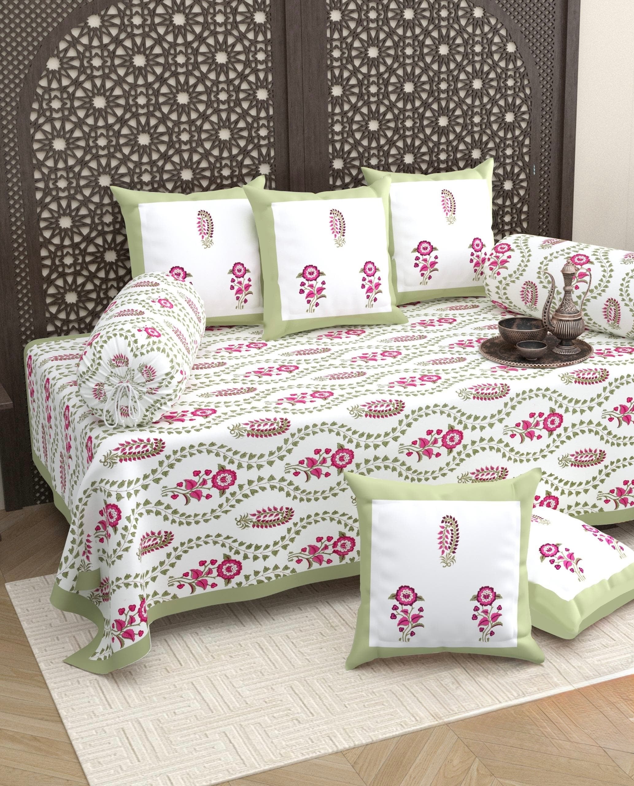 Pure cotton hand block printed 8 piece traditional diwan set (70x100 inches)