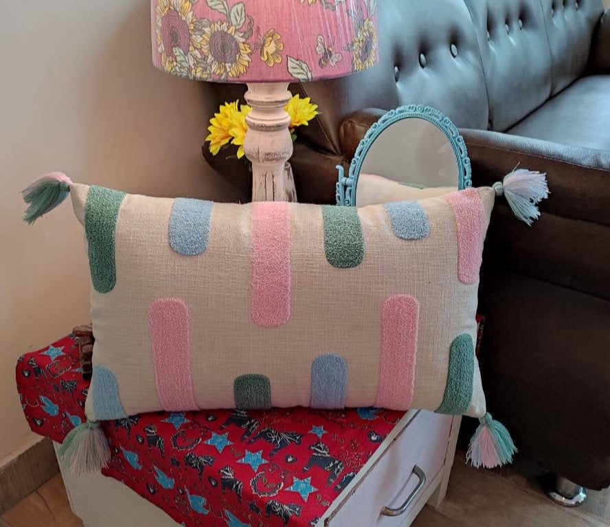 Handmade aari work tasseled cushion cover (30x50 cms)
