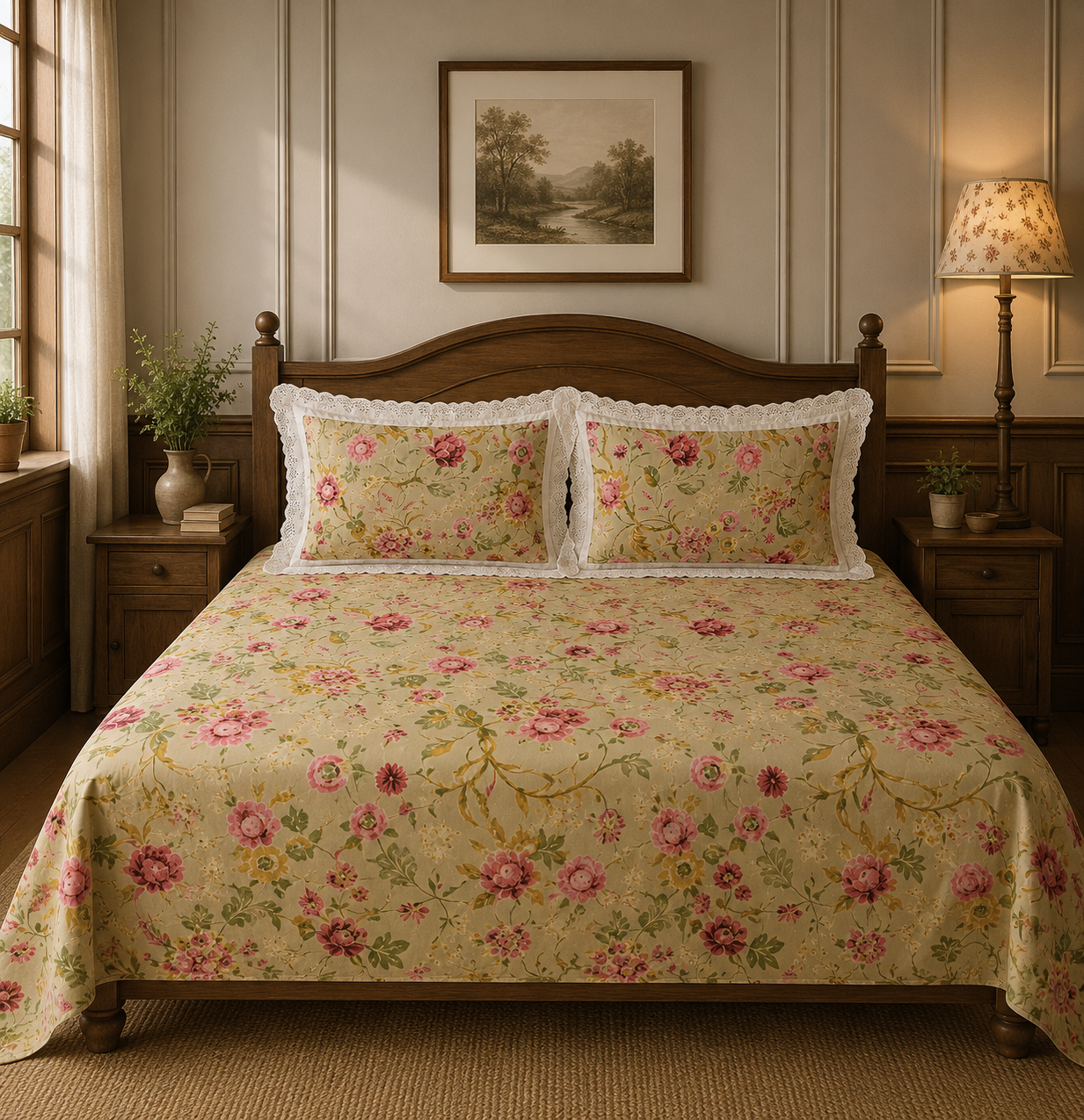 Pure cotton super king size bedsheets with 2 laced pillow covers (108x108 inches/9x9 feet)