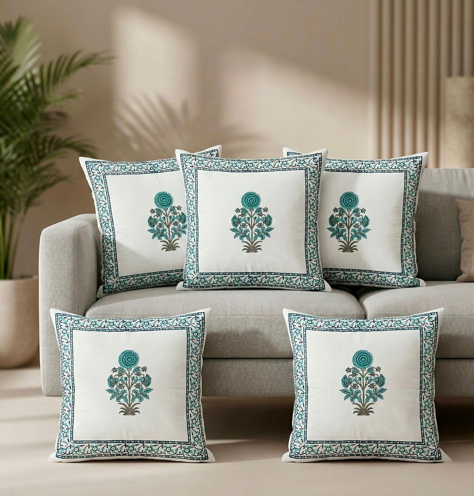 Pure cotton hand-block printed set of 5 cushion covers (16x16 inches)