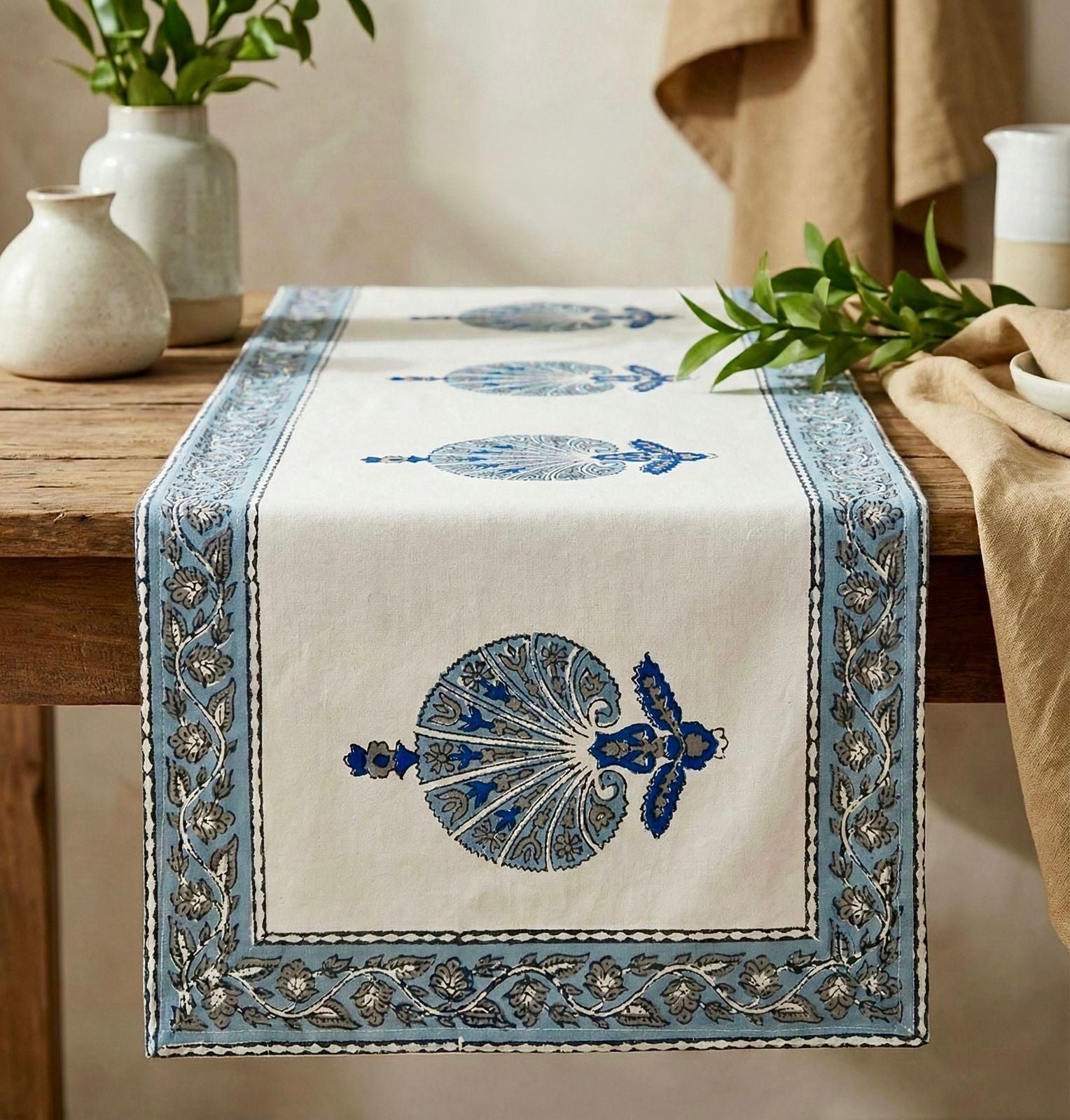 Pure canvas cotton handblock printed runners for 4 and 6 seater dining tables