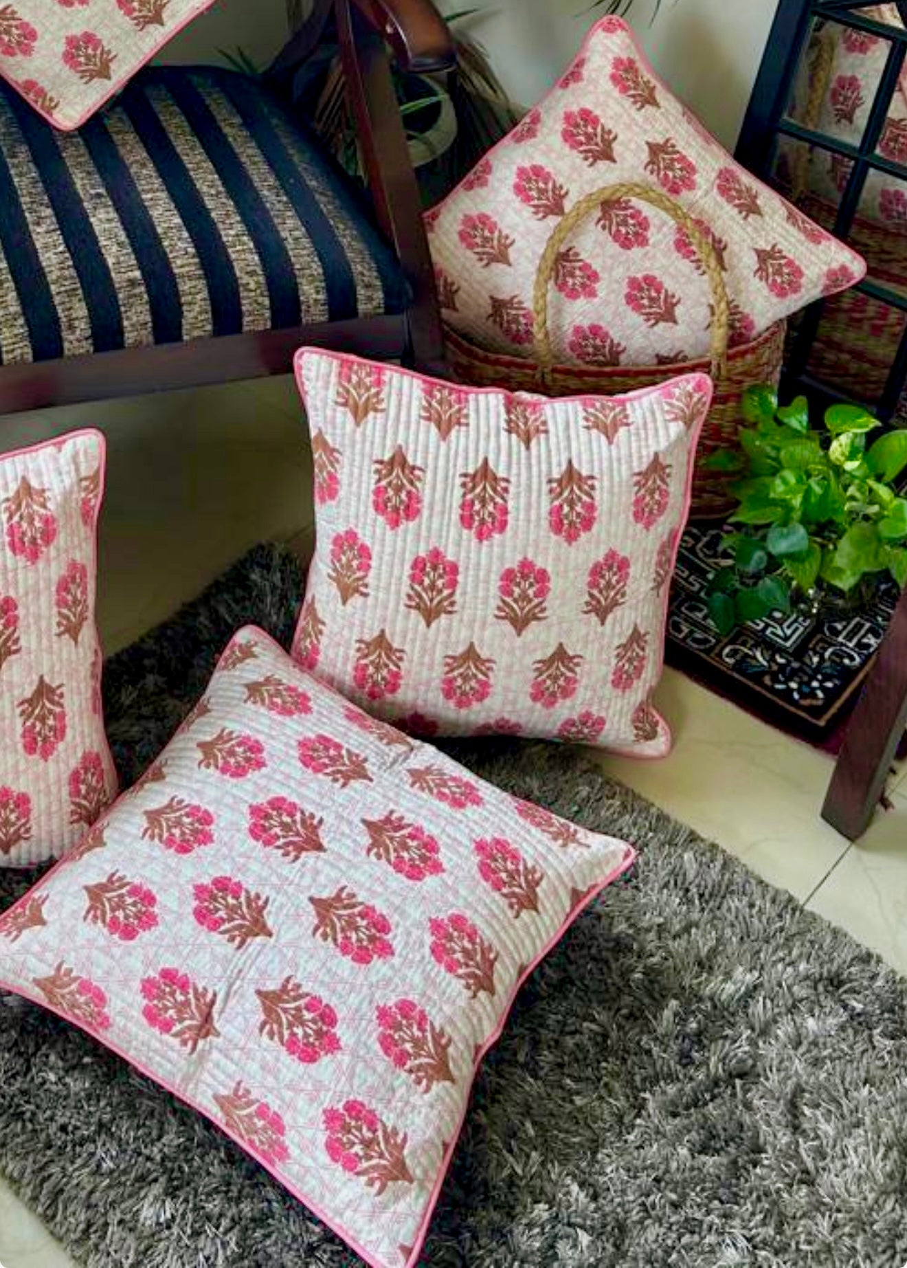 Pure cotton hand block printed quilted cushion covers 16x16 inches (Set of 5)