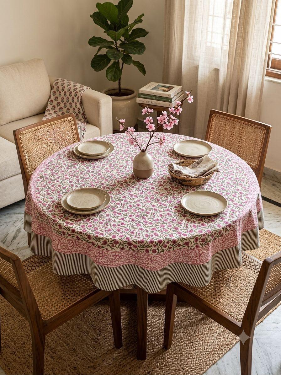 Pure cotton hand-block printed table cover for 4 seater dining table / centre table (60 inches diameter)