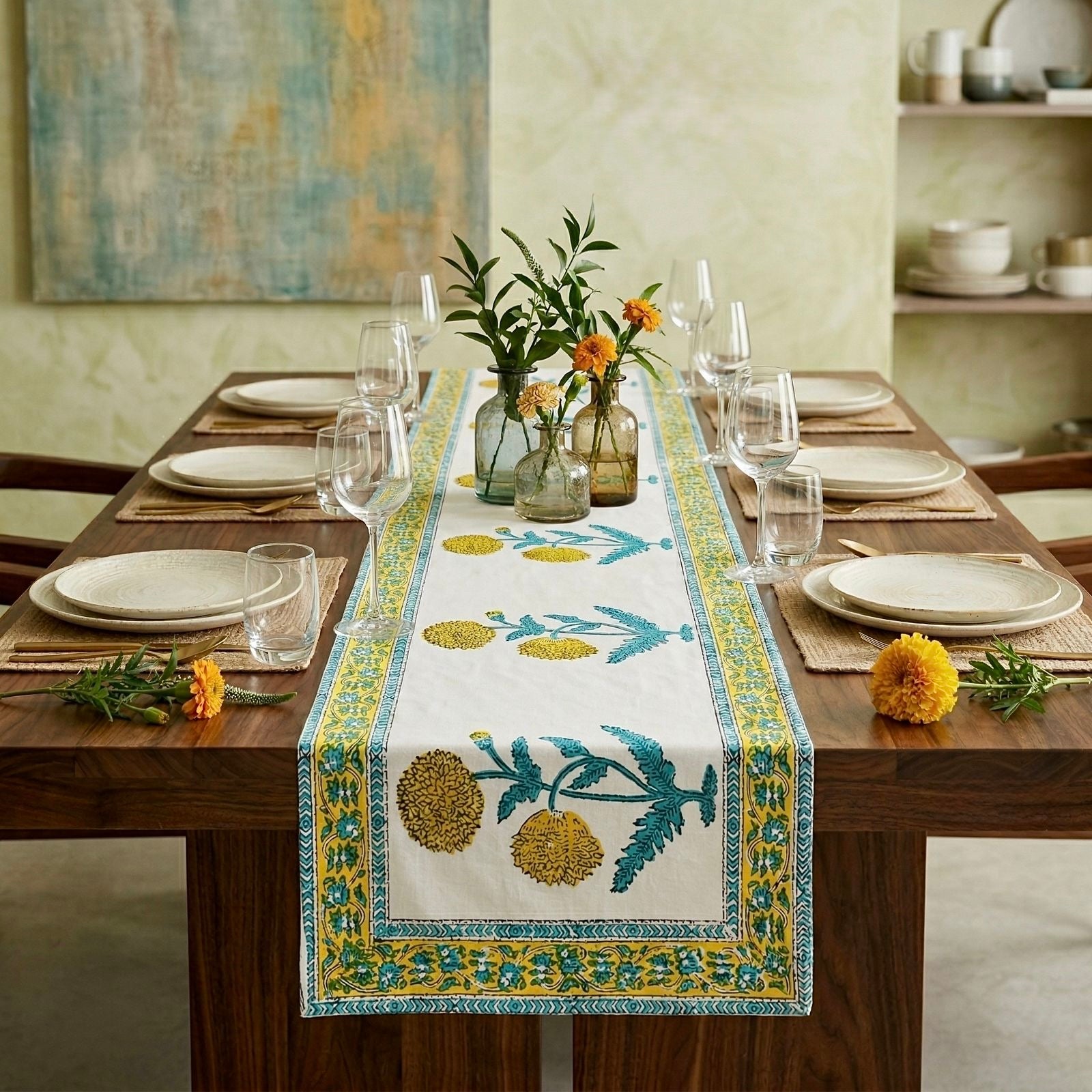 Pure canvas cotton handblock printed runners for 4 and 6 seater dining tables