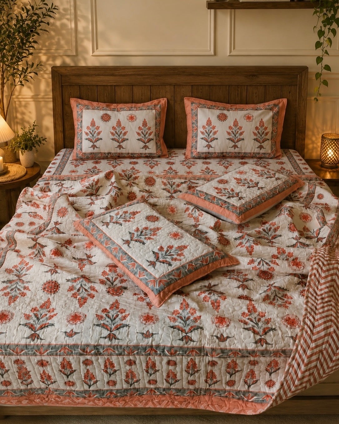 Pure cotton handblock printed king size 6 piece bedding set