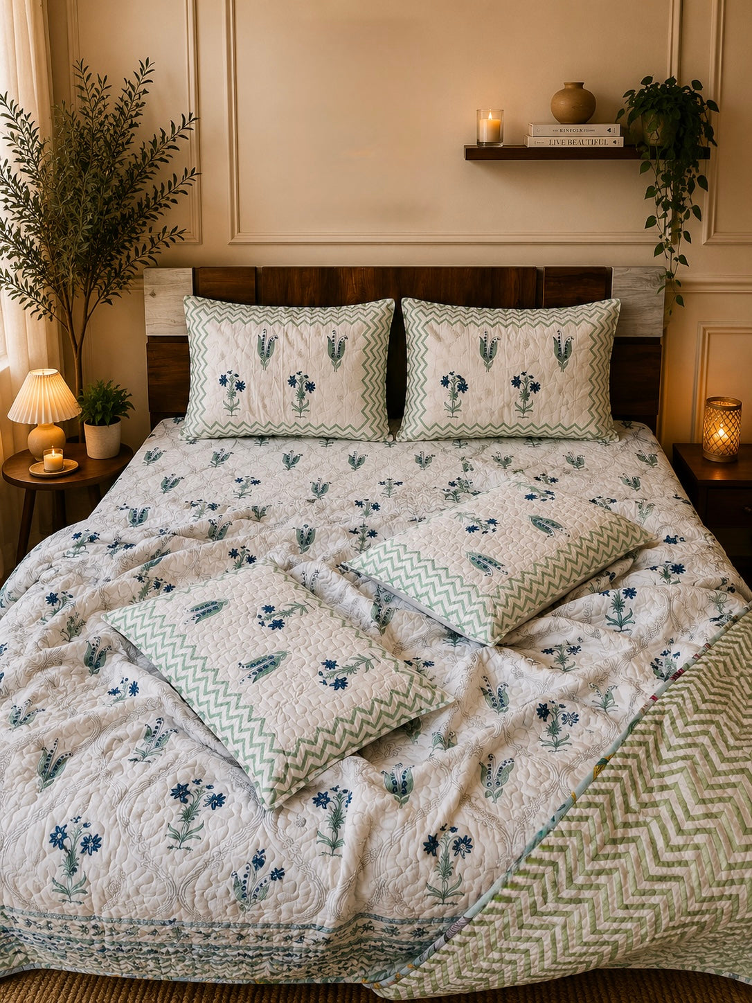 Pure cotton handblock printed king size 6 piece bedding set