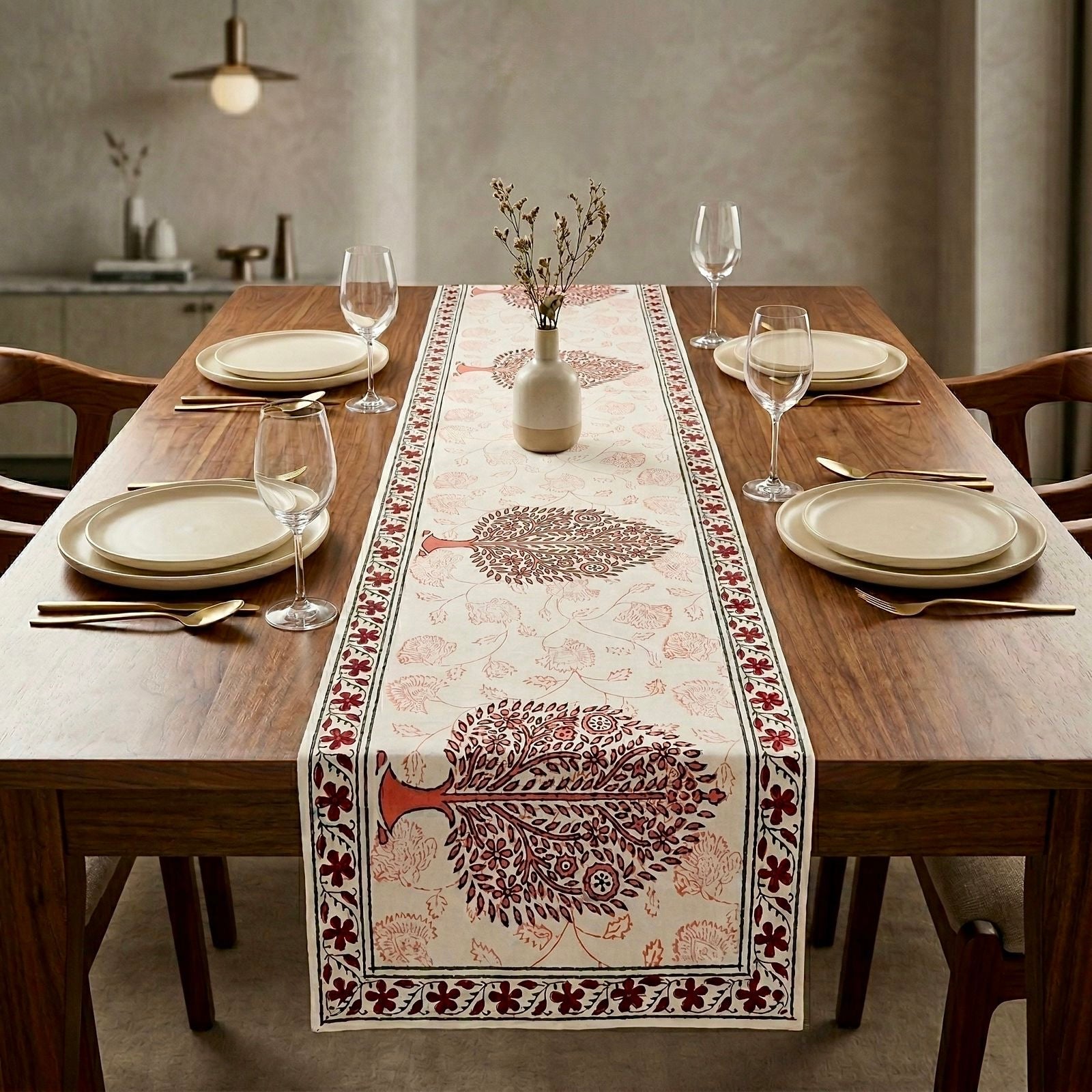 Pure canvas cotton handblock printed runners for 4 and 6 seater dining tables
