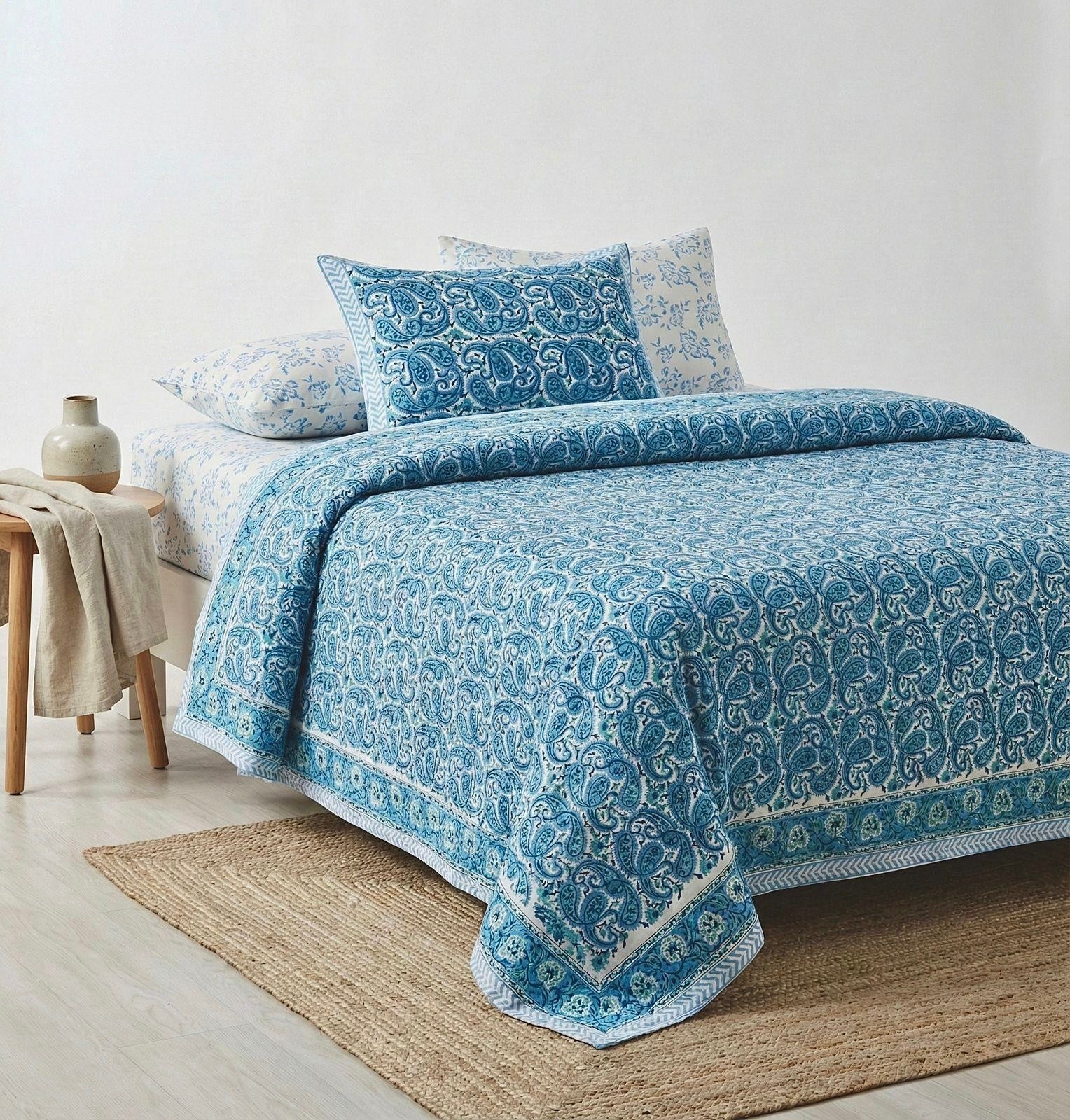 Pure cotton hand-block printed super king size double bedsheets with 2 pillow covers (108x108 inches)