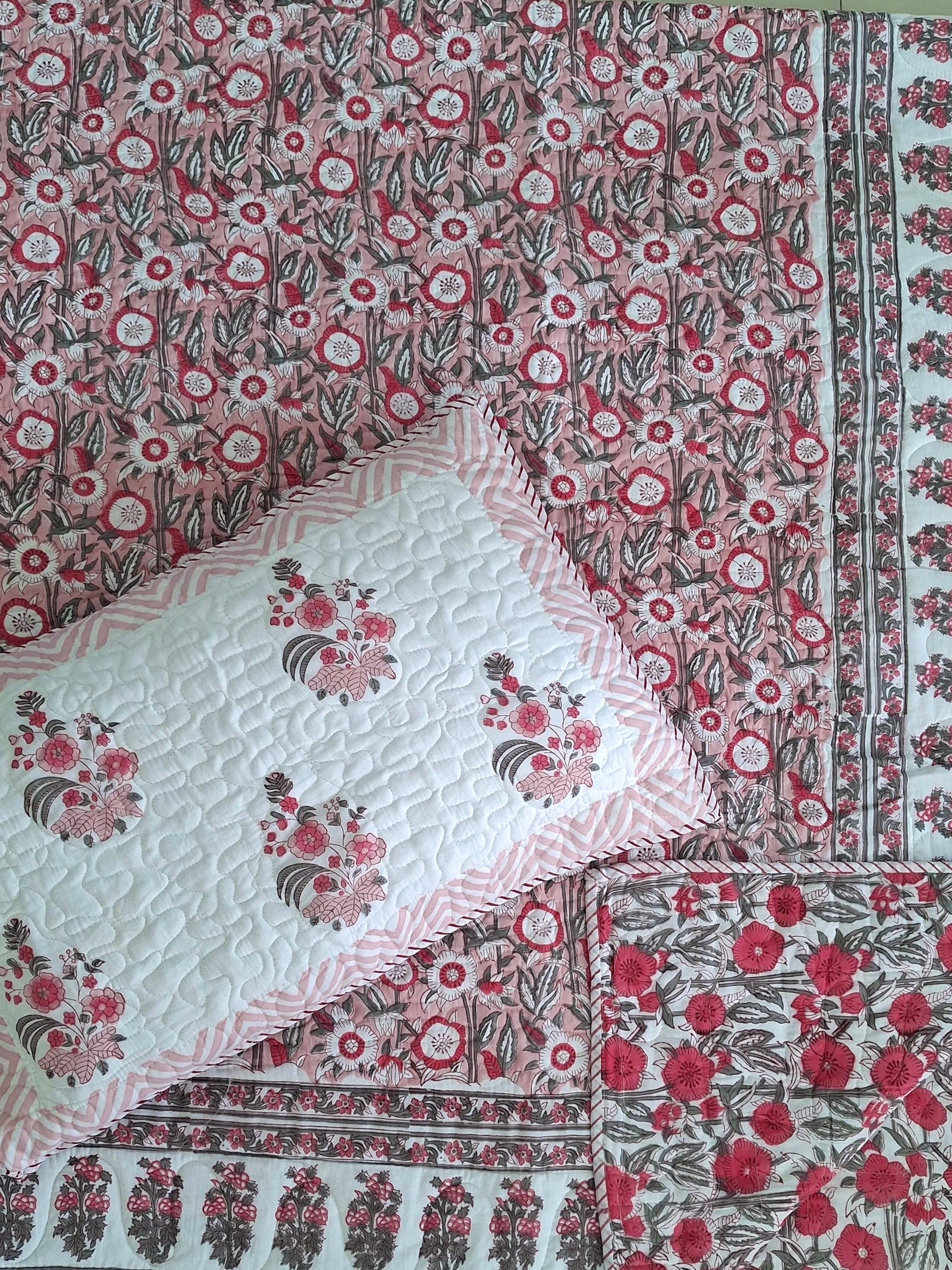 Pure mulmul cotton paani jaal quilted hand-block printed double bedcovers with 2 quilted pillow covers for king size beds (90x108 inches)
