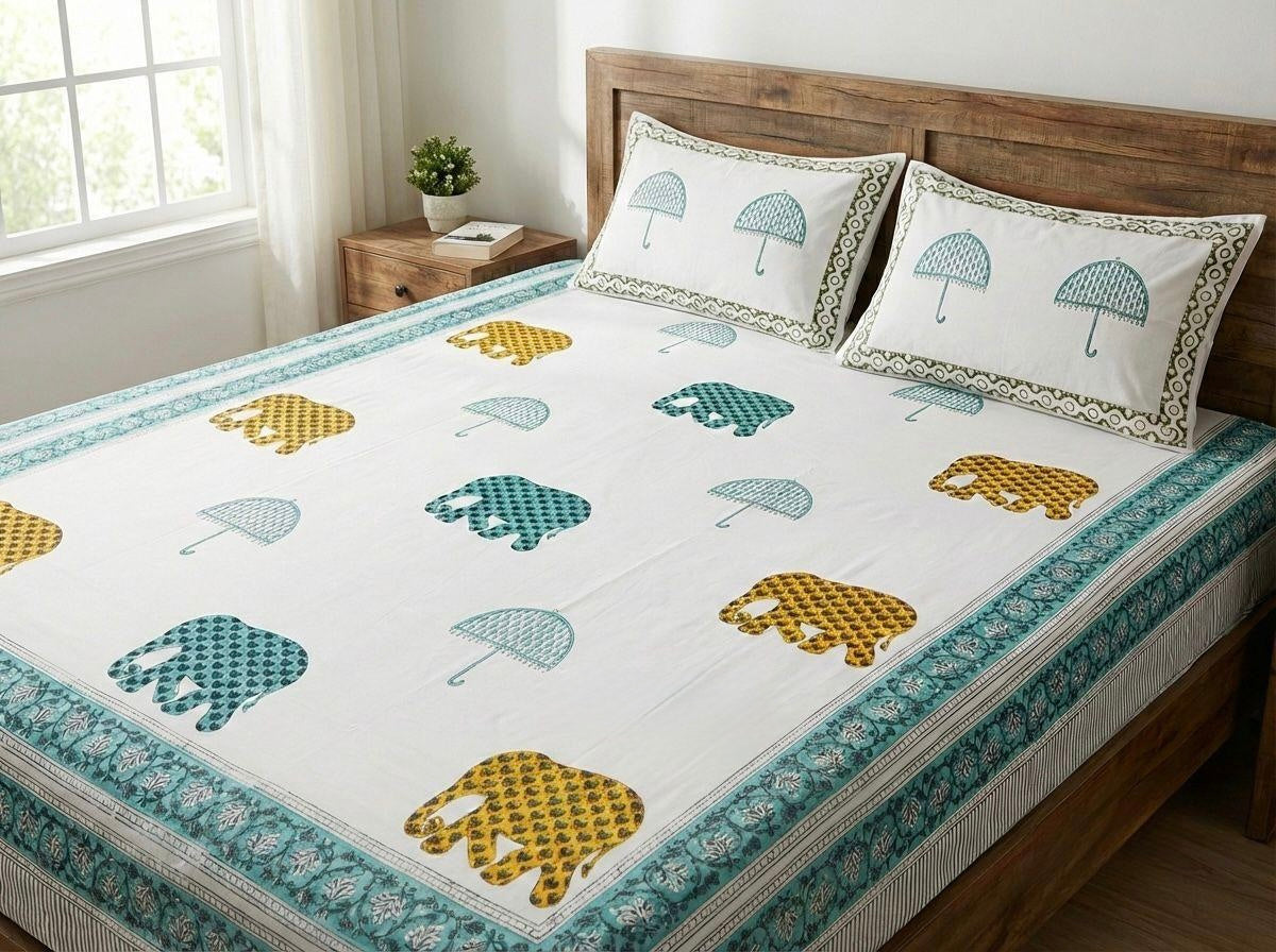 Pure cotton hand-block printed super king size double bedsheets with 2 pillow covers (108x108 inches)
