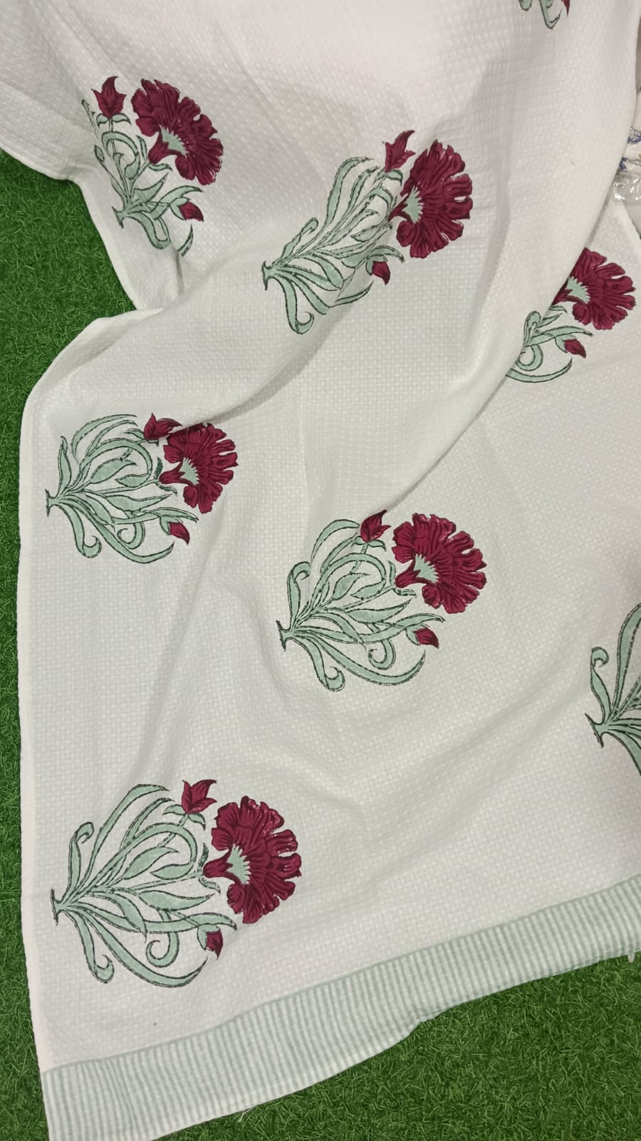 Luxury pure cotton, hand-block printed waffle textured bath towel