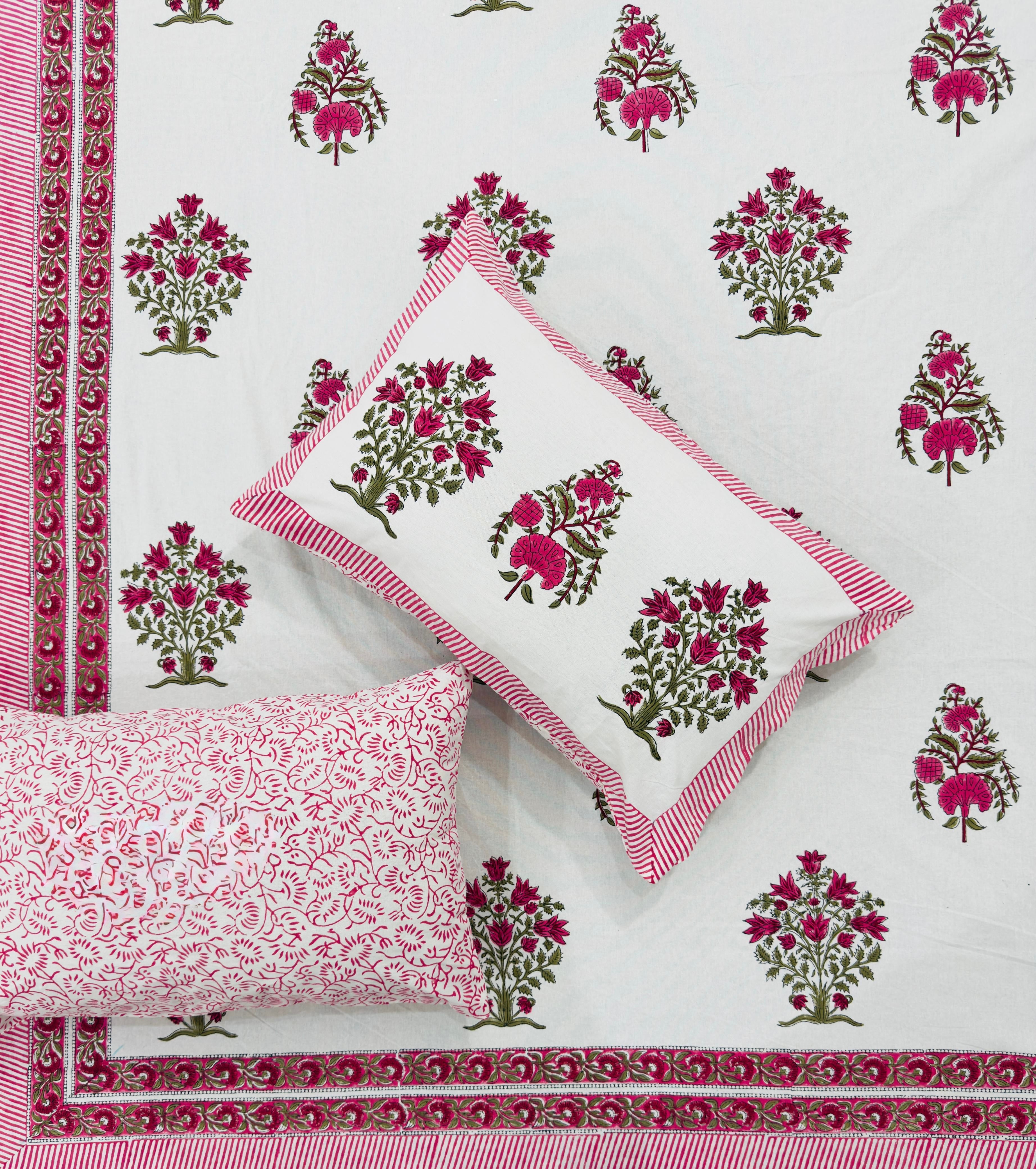 Pure cotton hand-block printed super king size double bedsheets with 2 pillow covers (108x108 inches)