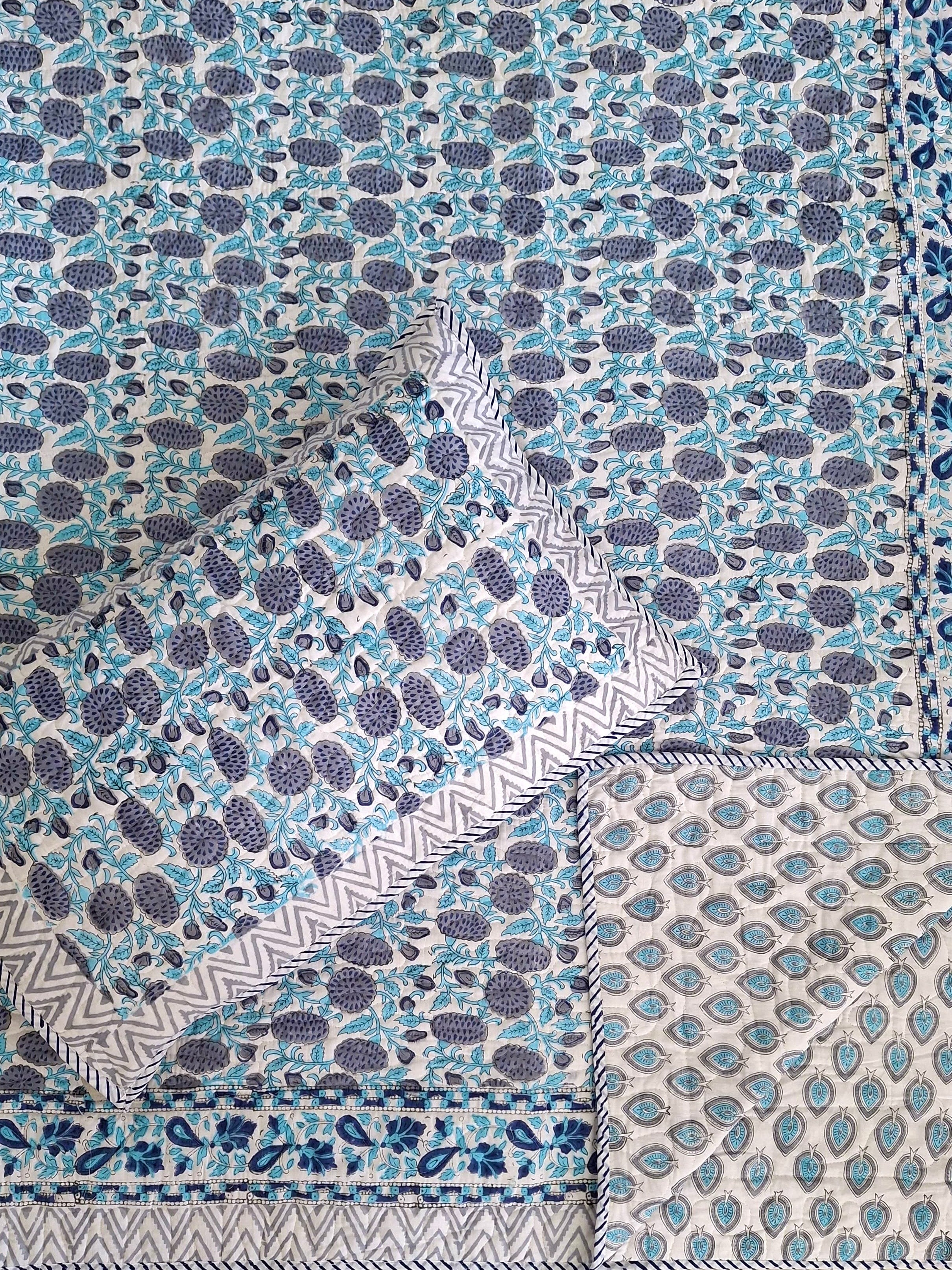 Pure mulmul cotton paani jaal quilted hand-block printed double bedcovers with 2 quilted pillow covers for king size beds (90x108 inches)