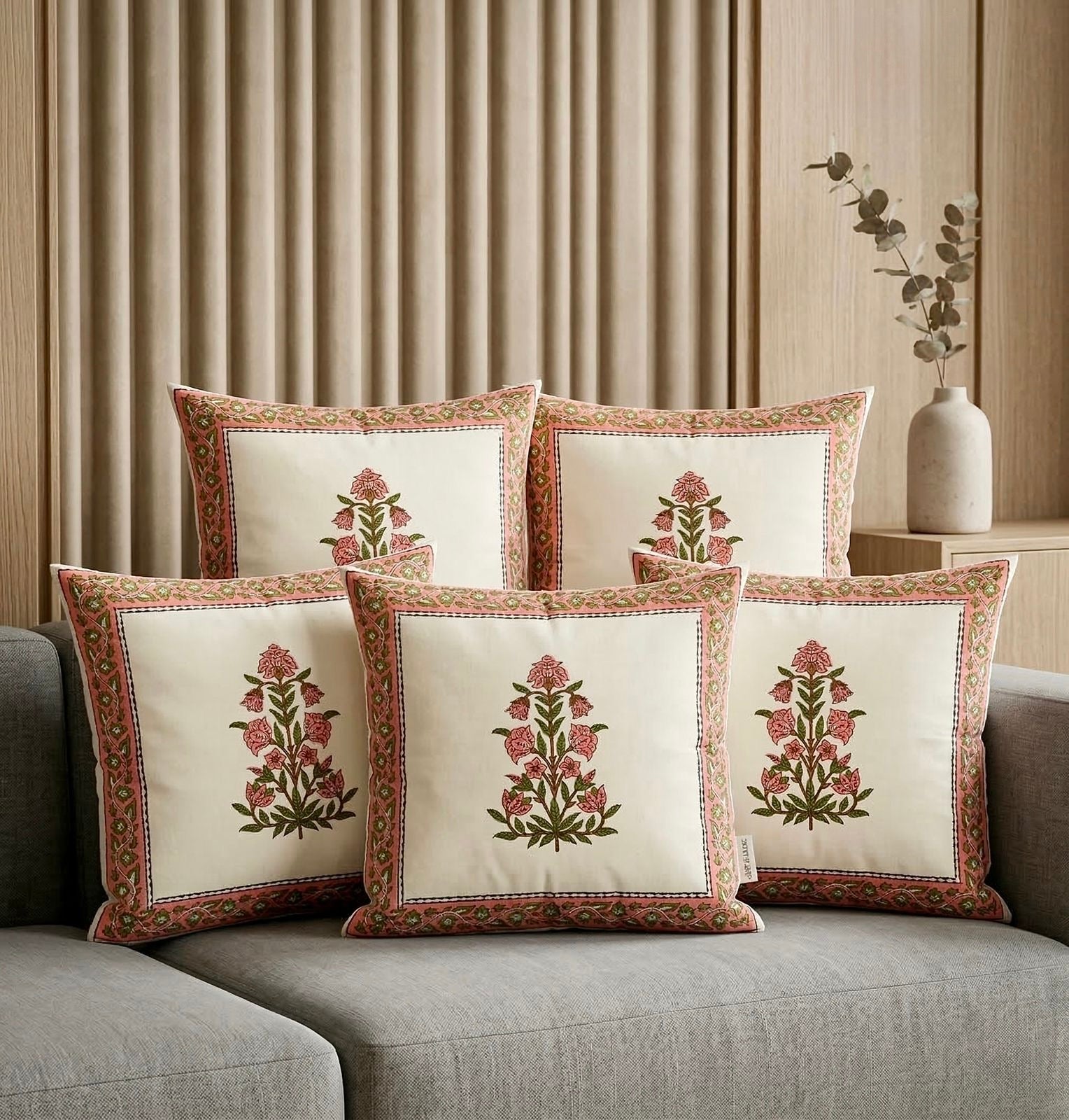 Pure cotton hand-block printed set of 5 cushion covers (16x16 inches)