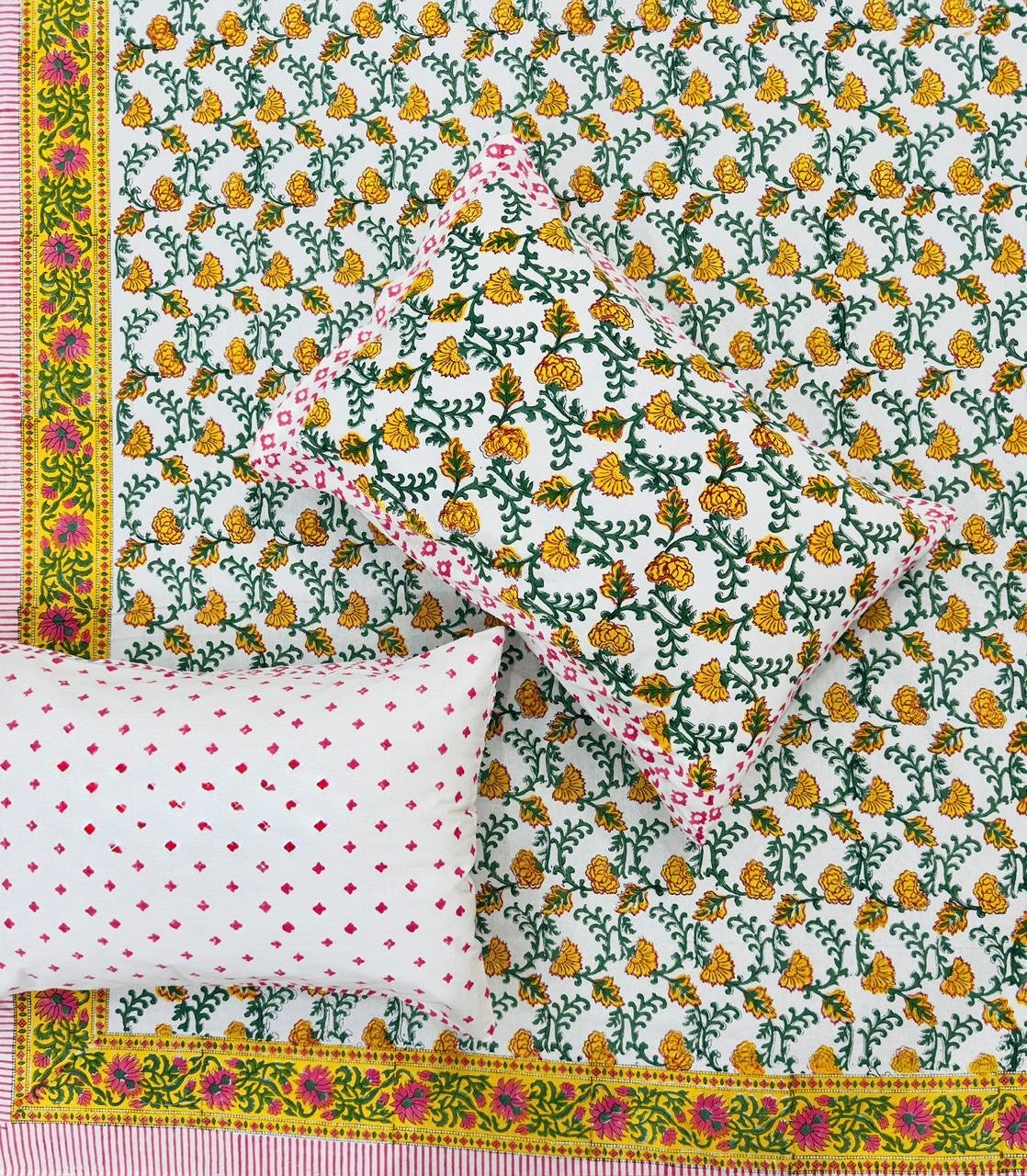 Pure cotton hand-block printed super king size double bedsheets with 2 pillow covers (108x108 inches)