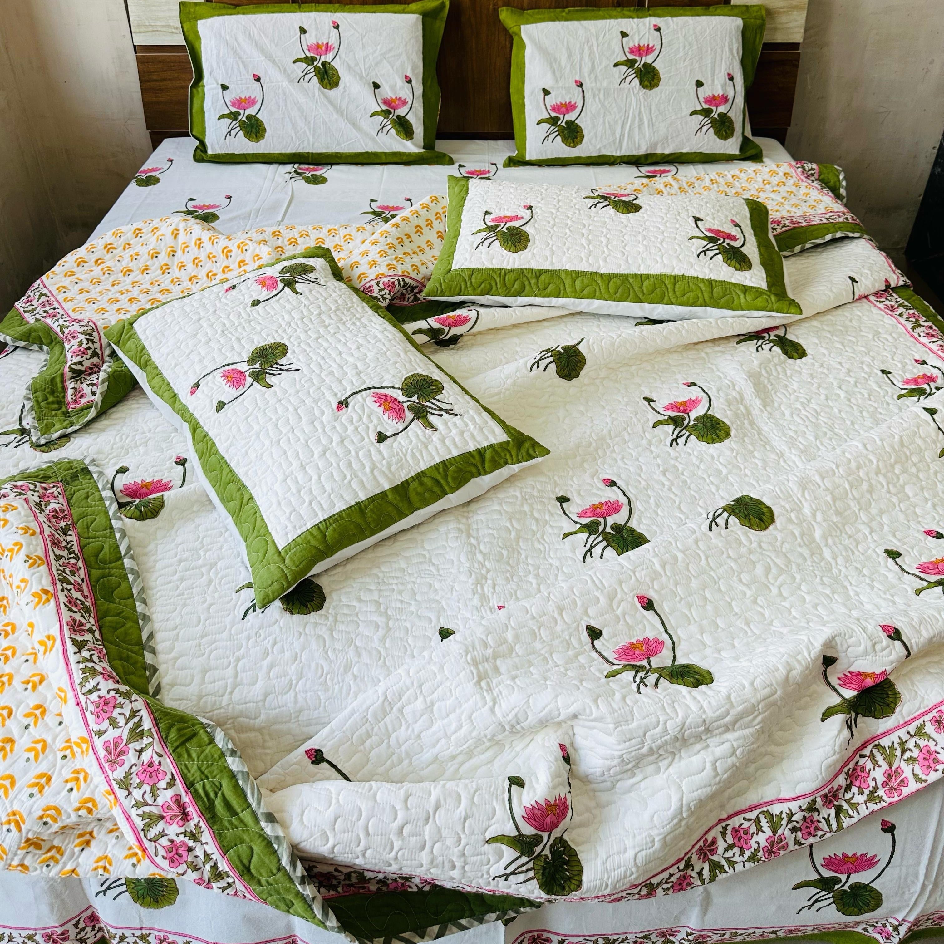 Pure cotton handblock printed king size 6 piece bedding set
