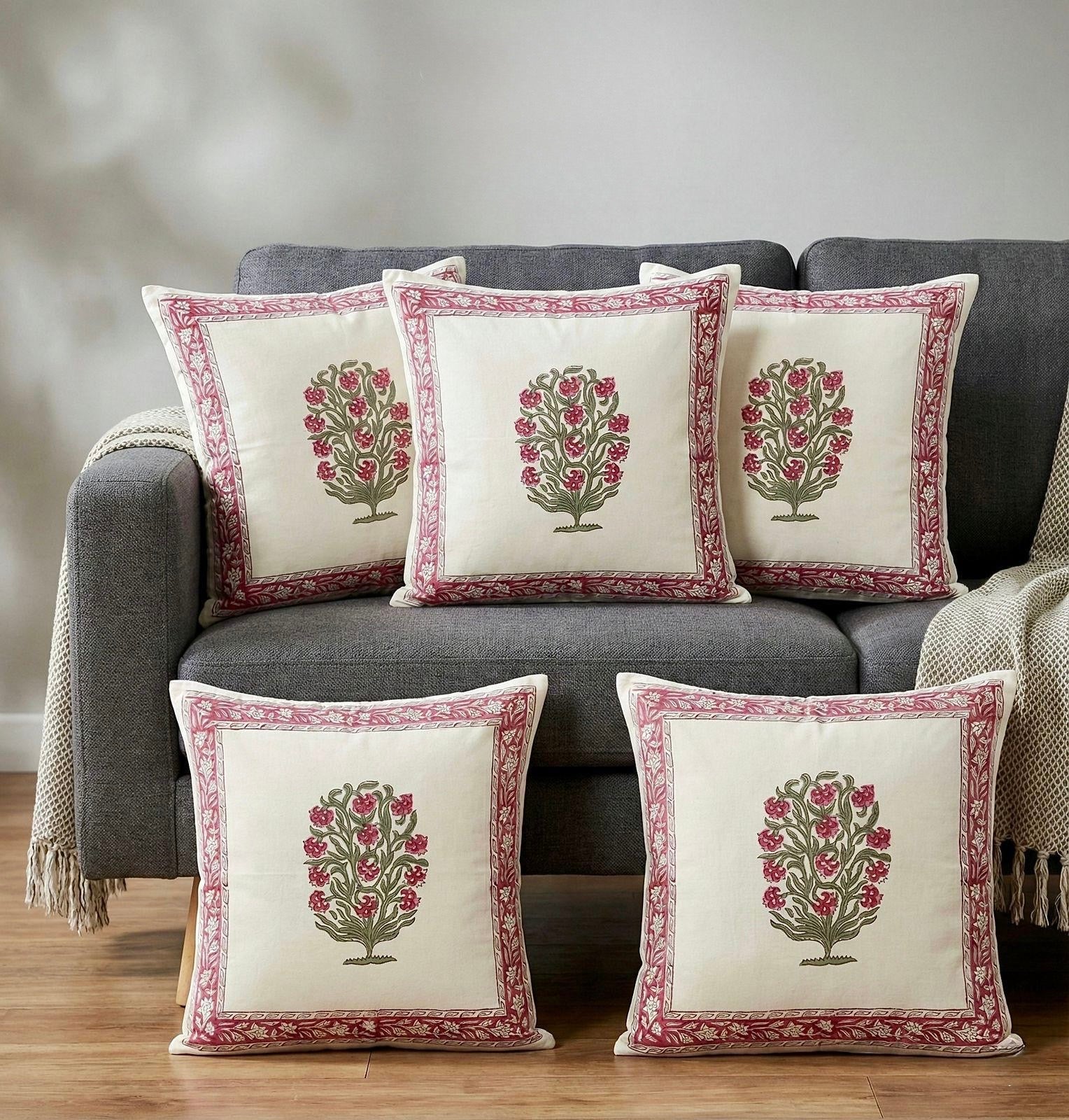 Pure cotton hand-block printed set of 5 cushion covers (16x16 inches)