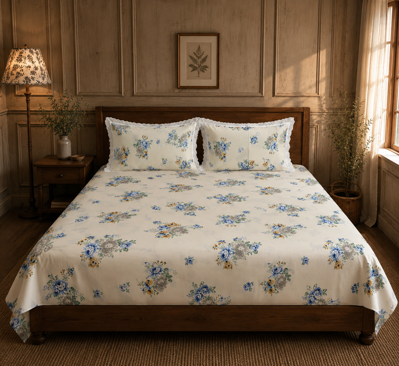 Pure cotton super king size bedsheets with 2 laced pillow covers (108x108 inches/9x9 feet)