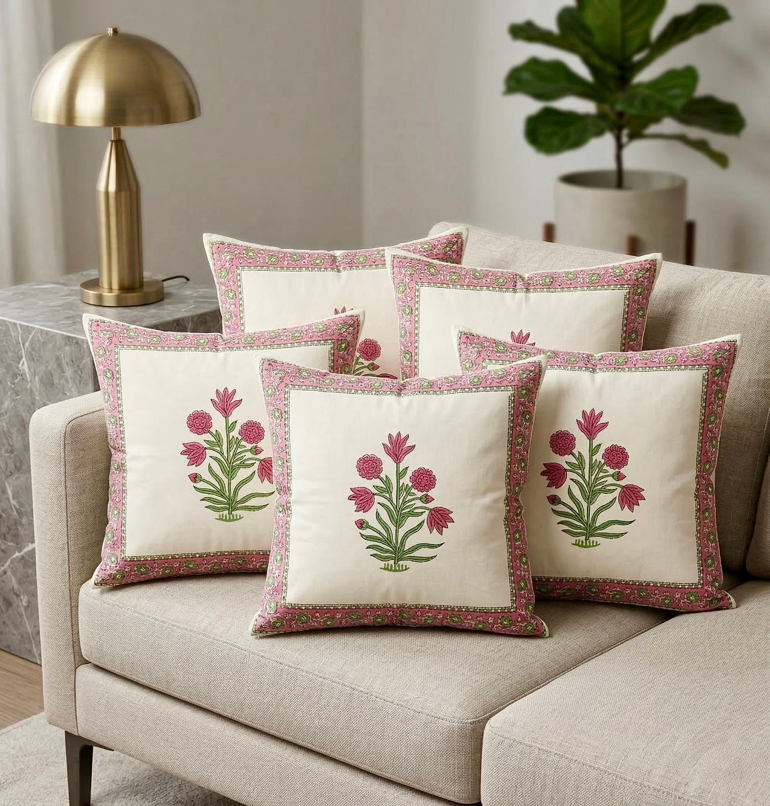 Pure cotton hand-block printed set of 5 cushion covers (16x16 inches)