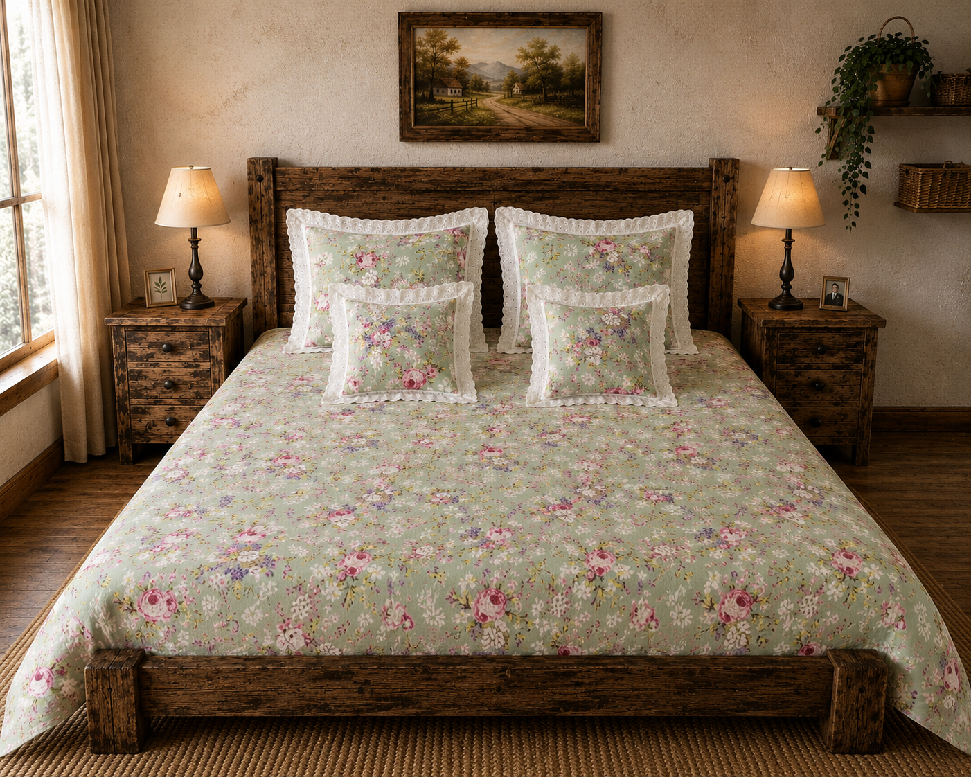 Pure cotton 5 piece bedding sets with 2 laced pillow covers and 2 laced cushion cover (108x108 inches)
