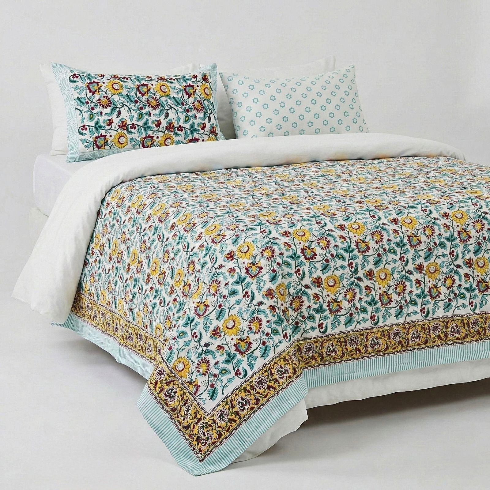 Pure cotton hand-block printed super king size double bedsheets with 2 pillow covers (108x108 inches)
