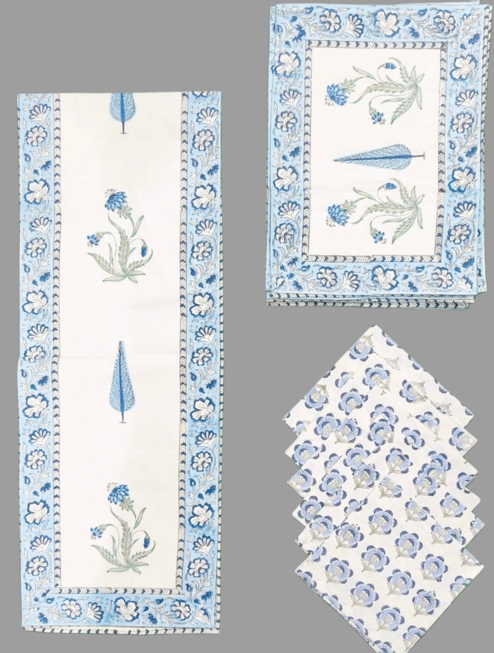 Pure cotton hand block printed placemats, runner and napkin combo for 6 seater dining table