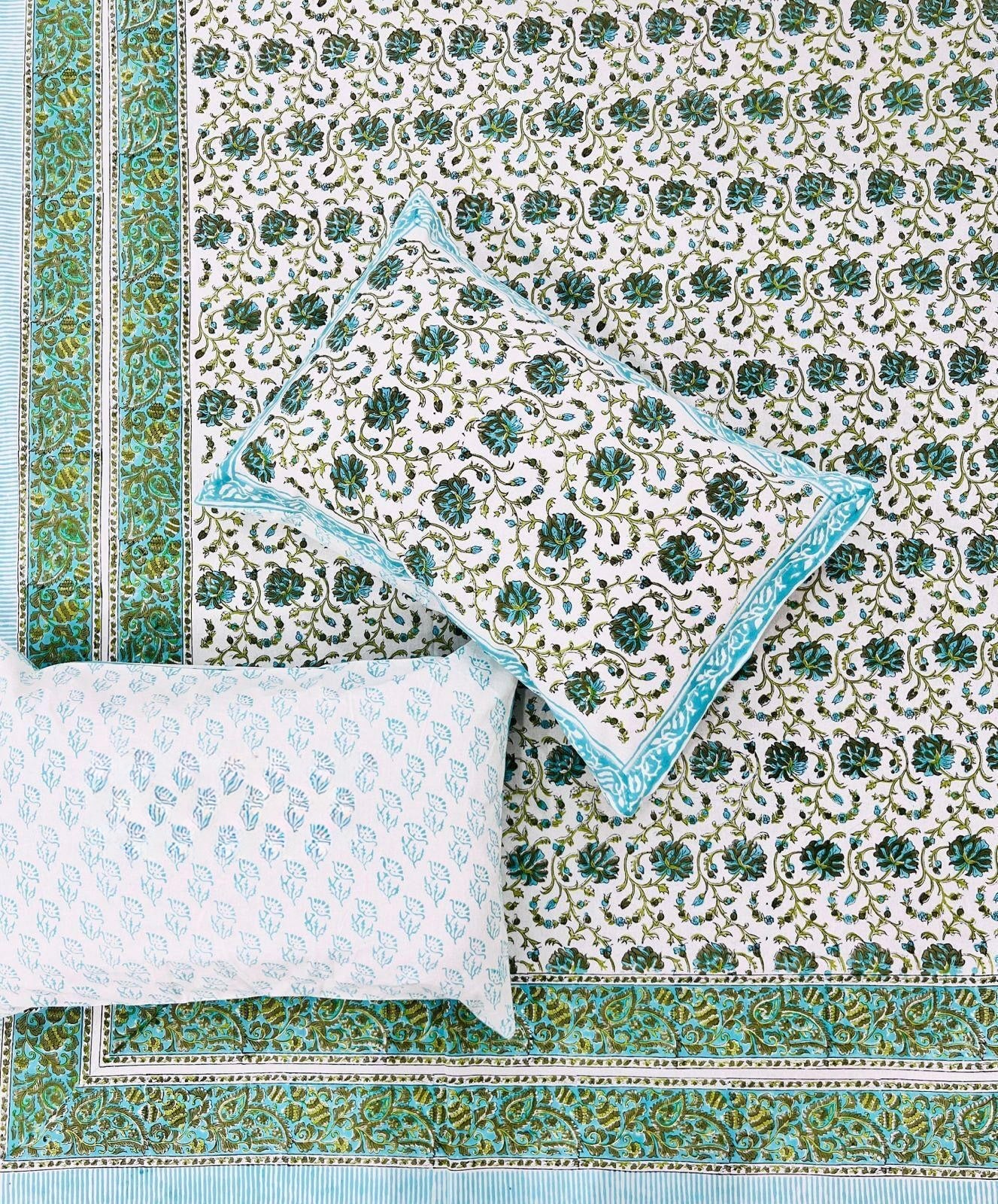 Pure cotton handblock printed king size bedsheet with 2 pillow covers (100x108 inches)