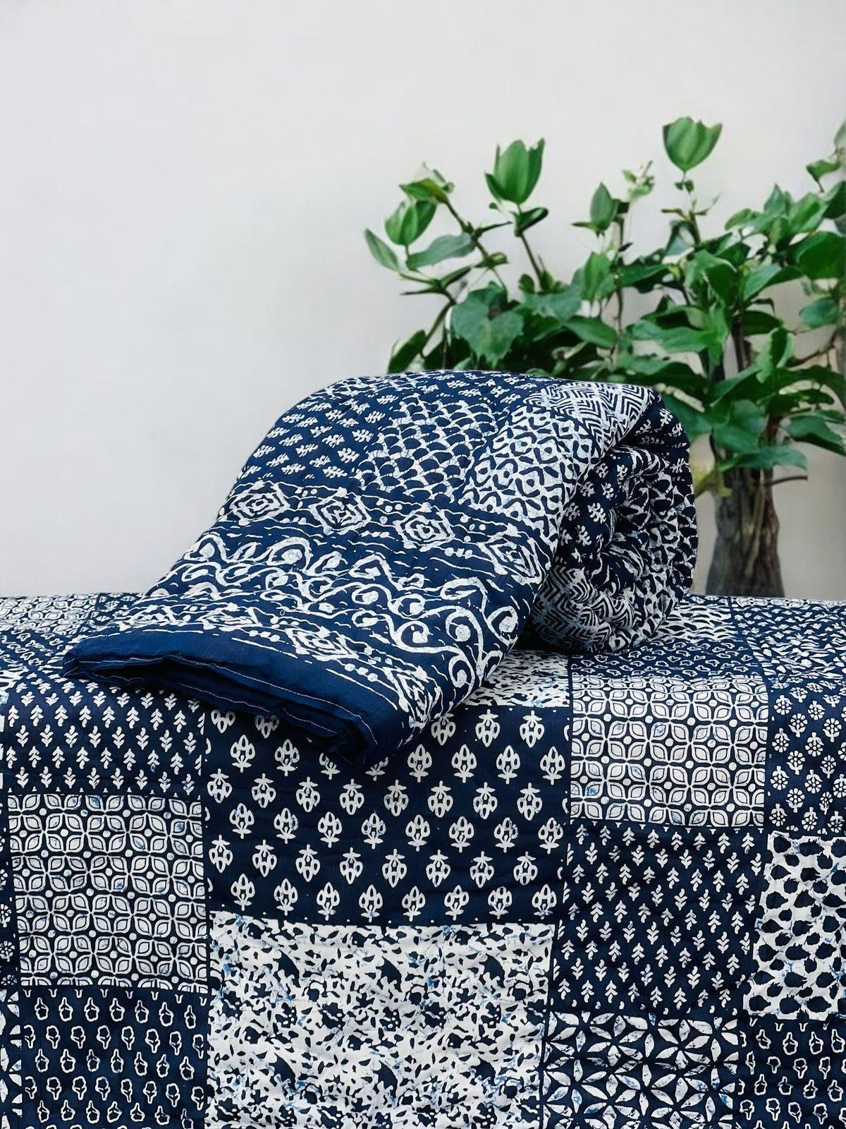 Pure mulmul cotton handblock printed single reversible quilt (razai 60x90 inches)