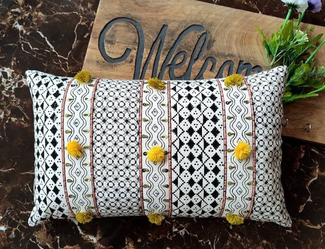 Handblock printed with embroidery and small tassels rectangular cushion cover 30x50 cms)