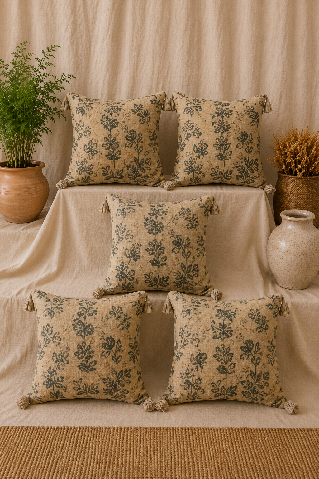 Pure tnt jute textured cotton cushion covers 16x16 inches (set of 5)