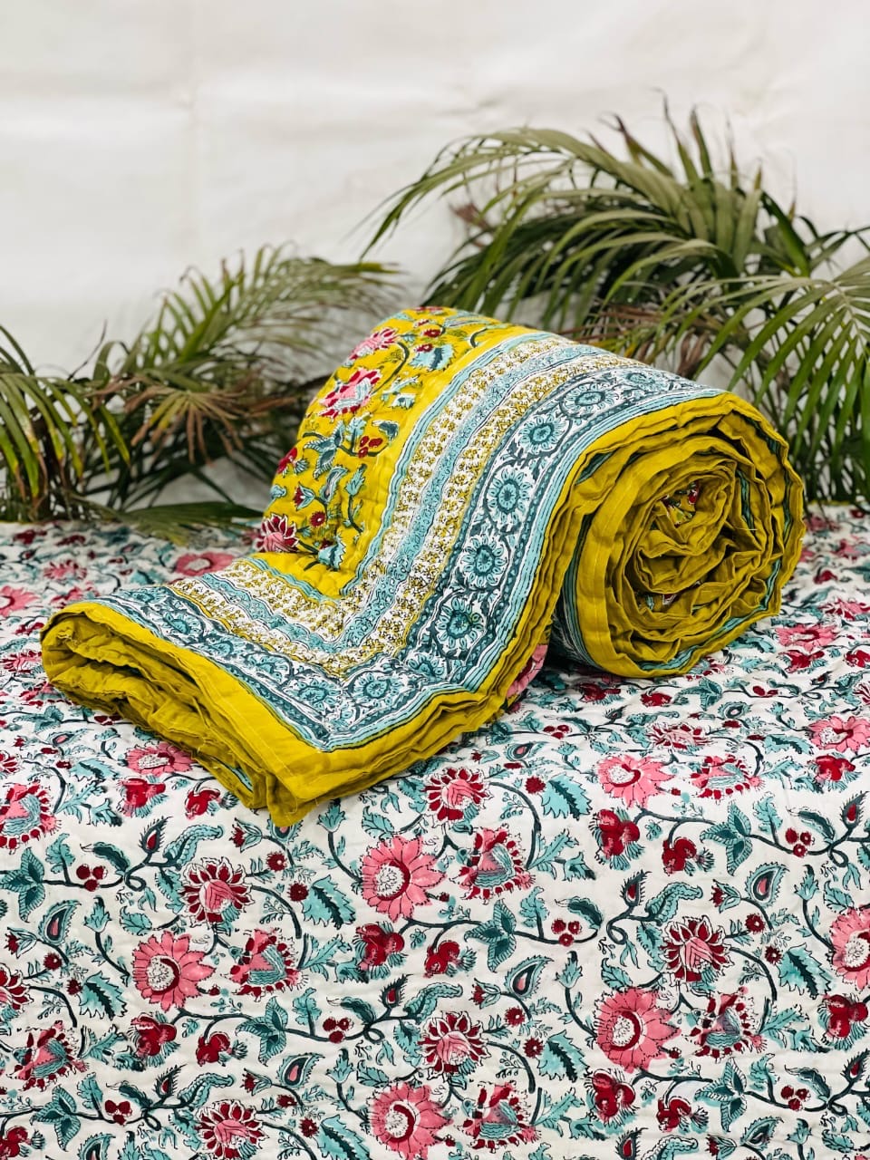 Pure mulmul cotton handblock printed single reversible quilt (razai 60x90 inches)