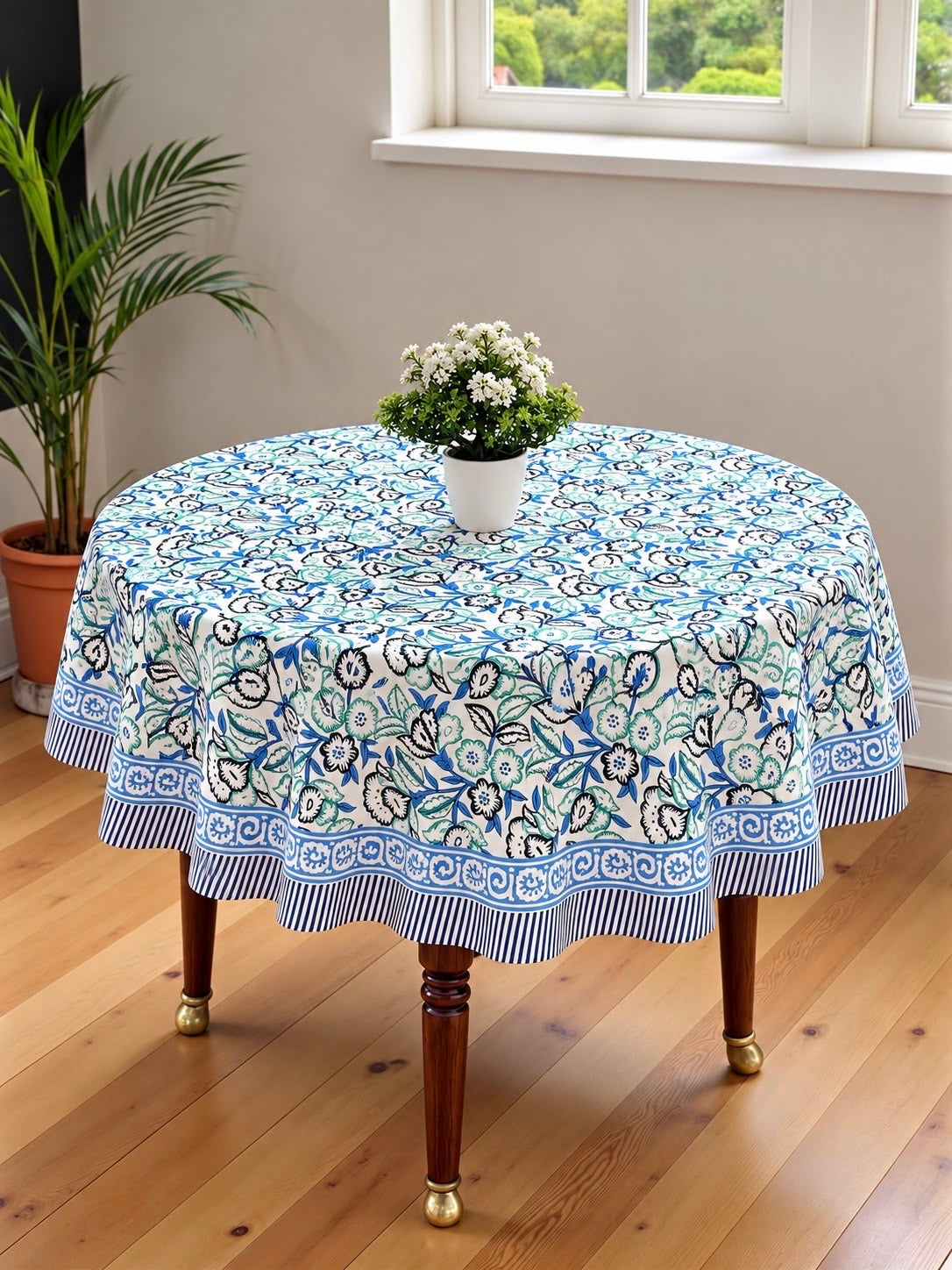 Pure cotton hand-block printed table cover for 4 seater dining table / centre table (60 inches diameter)