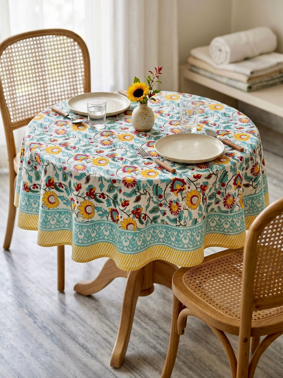 Pure cotton hand-block printed 2 seater round coffee table covers